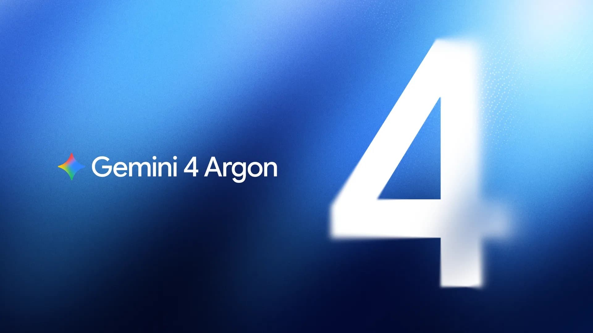 Official Google key art for Gemini 4 Argon with the Gemini star logo and a large soft-focus numeral 4 on a blue background