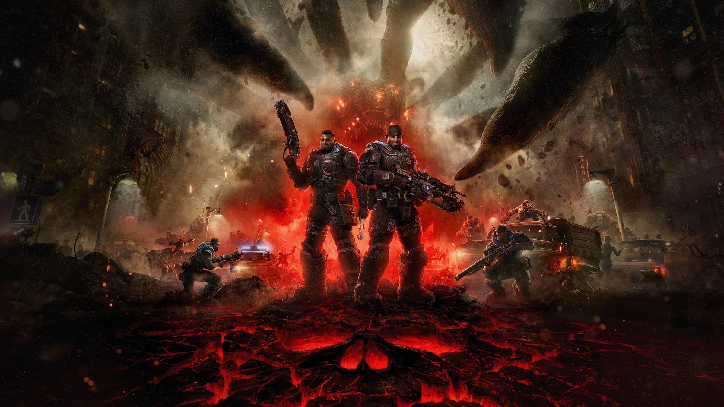 Official Gears of War: E-Day key art showing Marcus Fenix and Dom Santiago standing in armour on cracked, glowing red ground with a giant Locust creature and its claws rising out of the smoke behind them