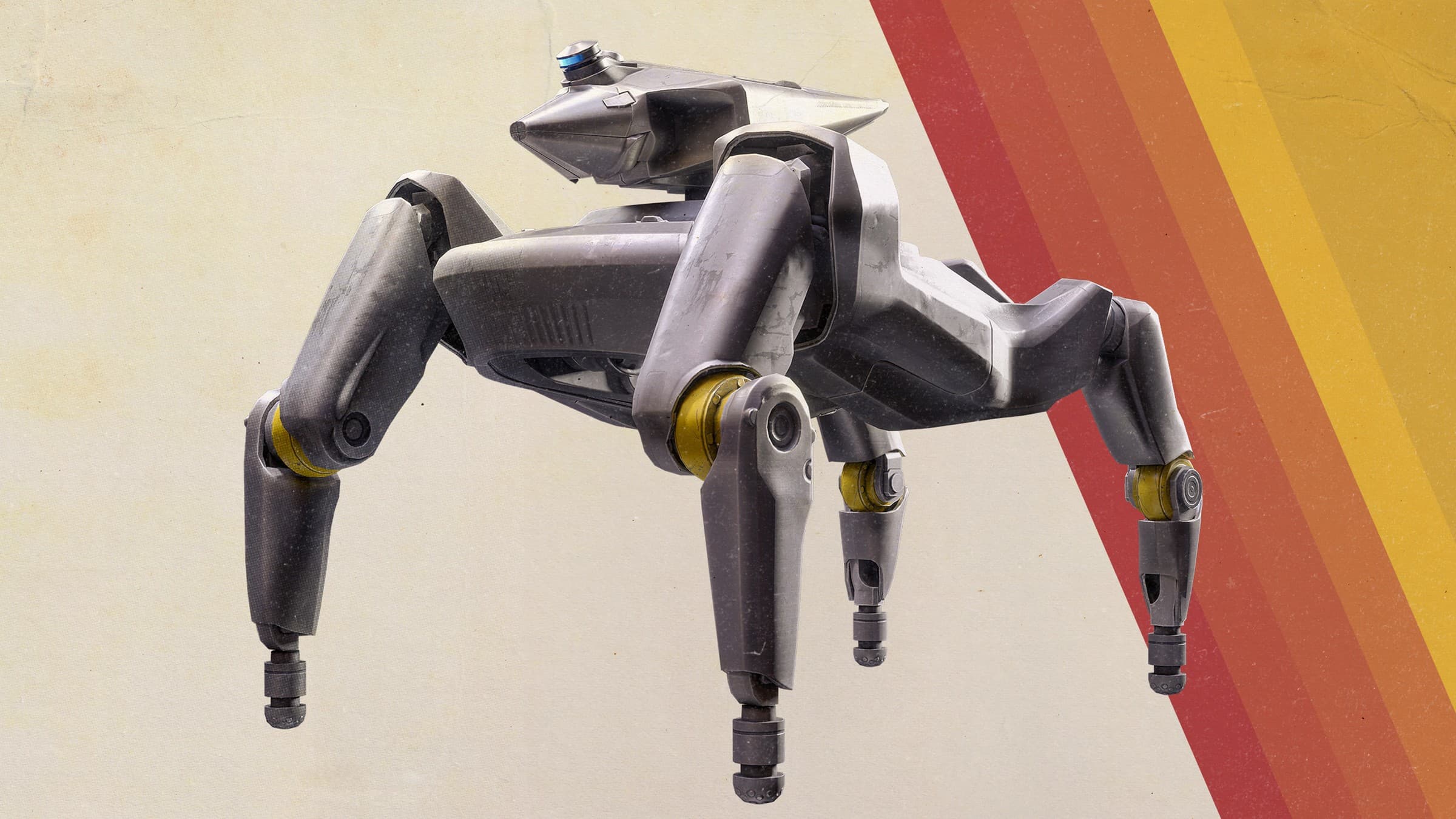 Official ARC Raiders reveal art of the Bully, a new grey four-legged ARC robot with yellow joints, on a cream background with red, orange and yellow diagonal stripes