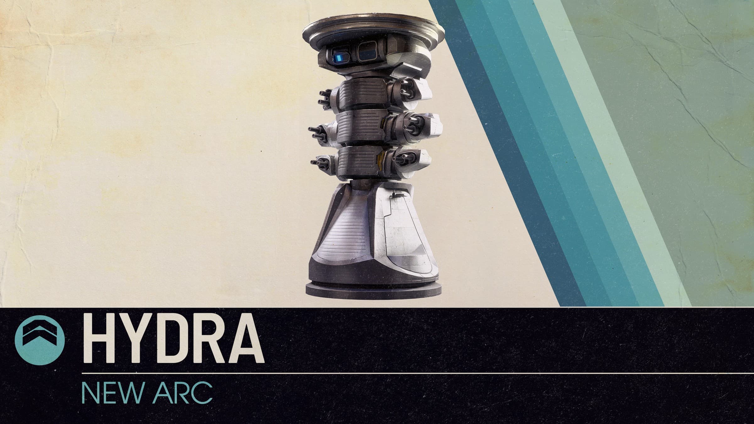 Official ARC Raiders reveal art of the Hydra, a tall grey three-tiered robotic turret, on a cream background with teal diagonal stripes and a caption bar reading Hydra, New ARC