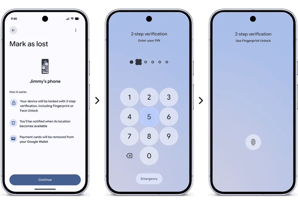 Android 17 Mark as Lost setup with PIN and fingerprint verification in Find Hub