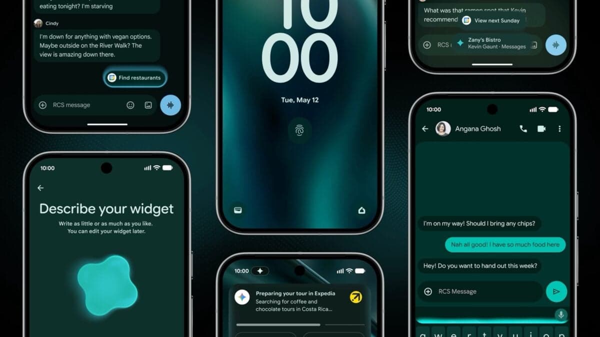 Android 17 Create My Widget screen with category presets and natural-language prompts