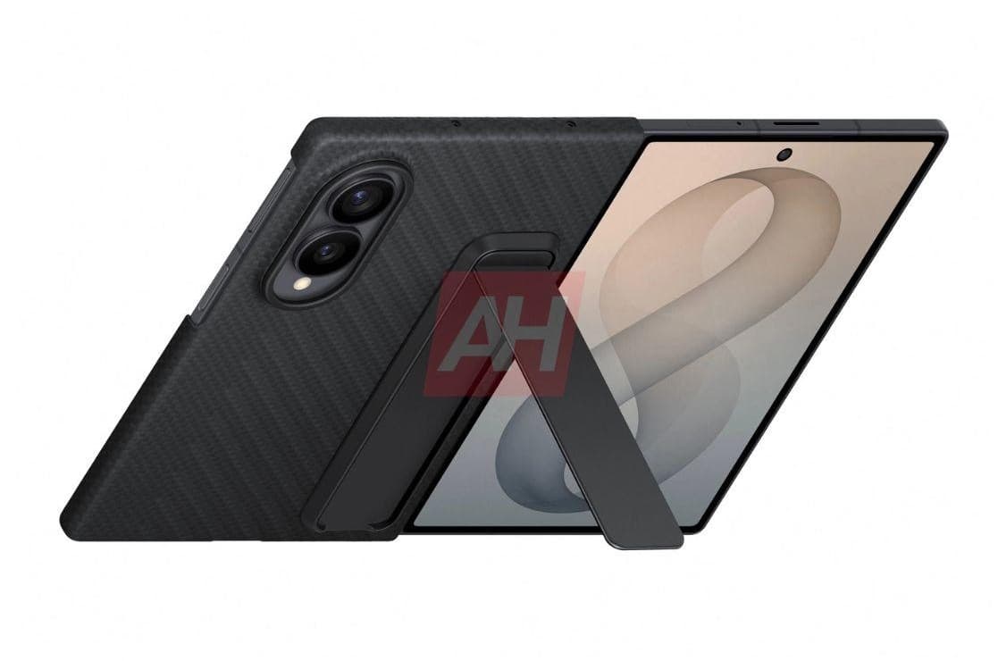 Galaxy Z Fold 8 standard model shown open on a stand, with a 7.6-inch inner display