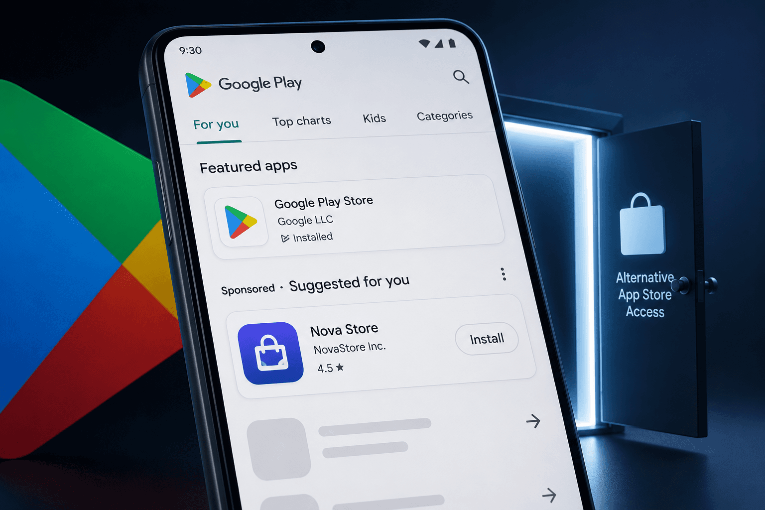 Illustration of an alternative Android app store offered for install inside the Google Play Store, beside an open door labelled Alternative App Store Access