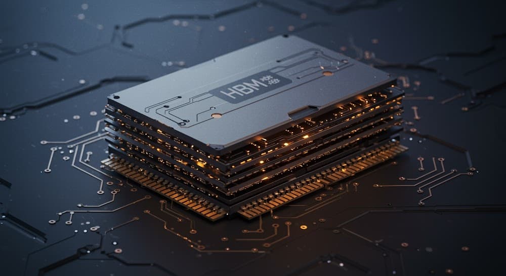 High-bandwidth memory (HBM) chip stack used in AI accelerators and data-center GPUs