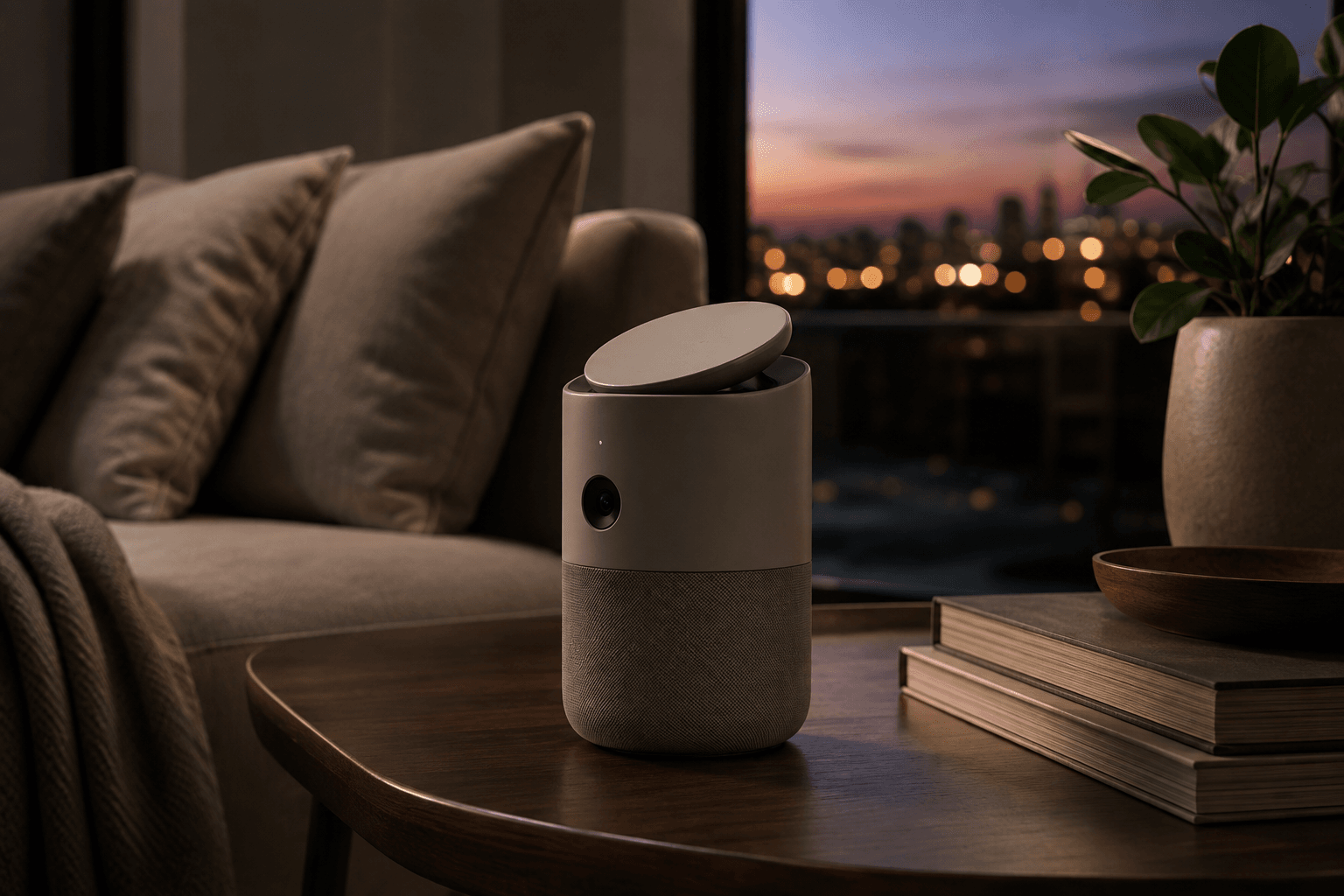 OpenAI living AI speaker concept 2026 — screenless portable ChatGPT companion with camera and mechanical lid