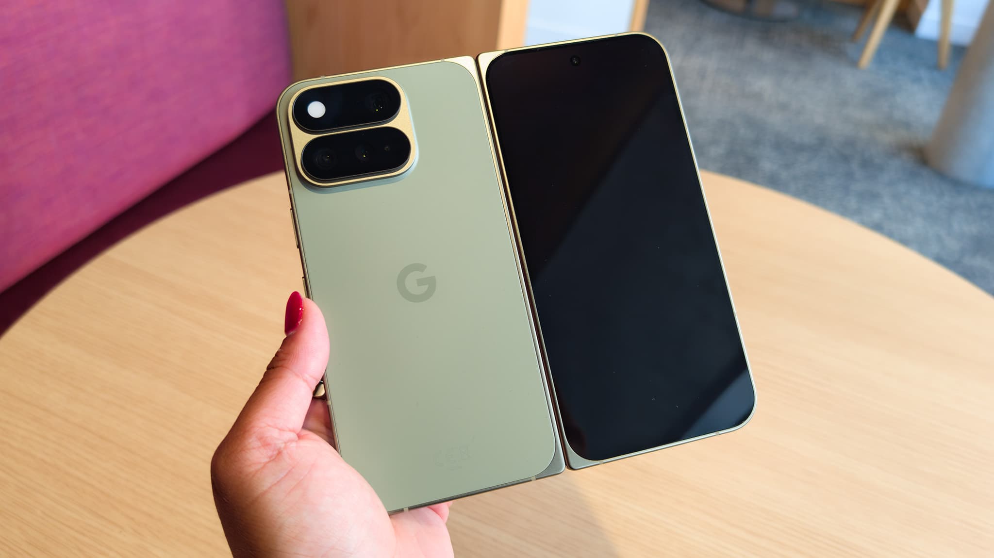 Google Pixel 11 Pro Fold unfolded, showing the inner display and camera bar with HiLight