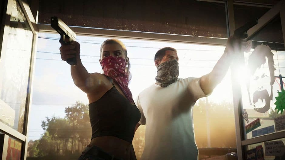 Lucia and Jason from Grand Theft Auto VI Trailer 1, masked and armed in a sunlit store doorway — the dual protagonists who defined the game's first public image