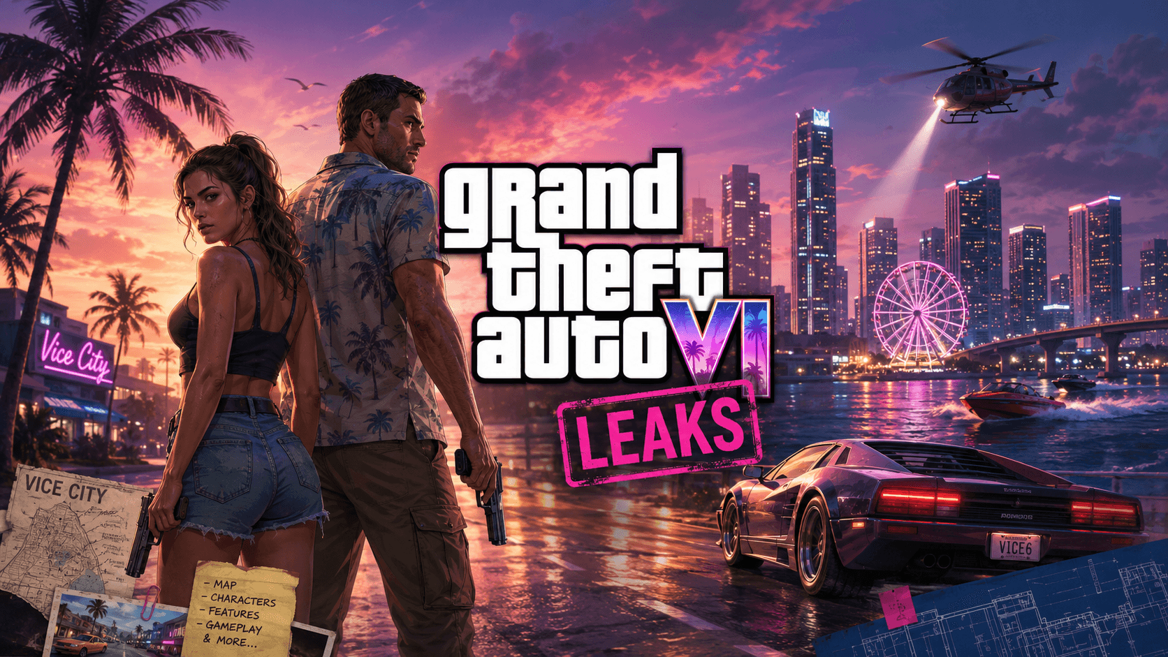 Grand Theft Auto VI leaks graphic — Lucia and Jason against a Vice City skyline with a LEAKS stamp under the VI logo