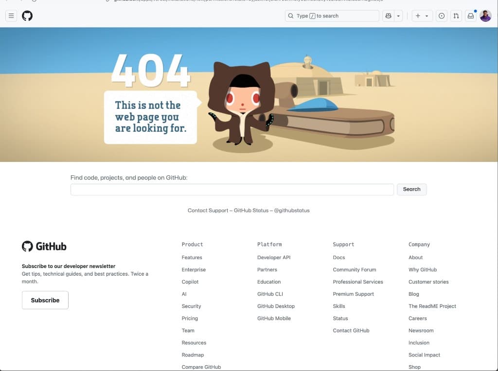 GitHub 404 page with Jedi Octocat and the line This is not the web page you are looking for