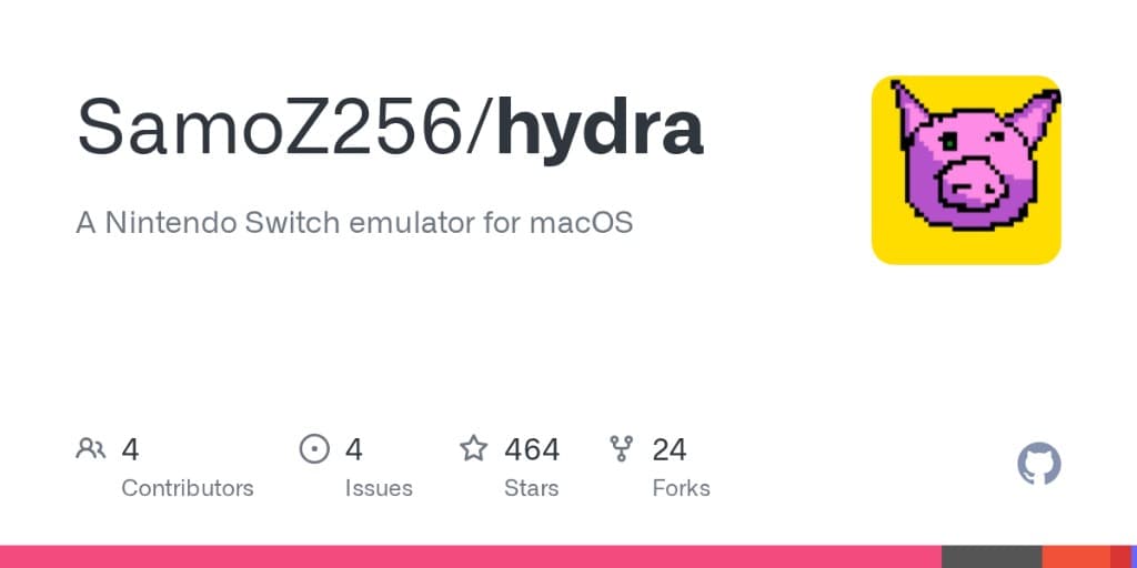 GitHub social preview for SamoZ256/hydra, a Nintendo Switch emulator for macOS with 464 stars
