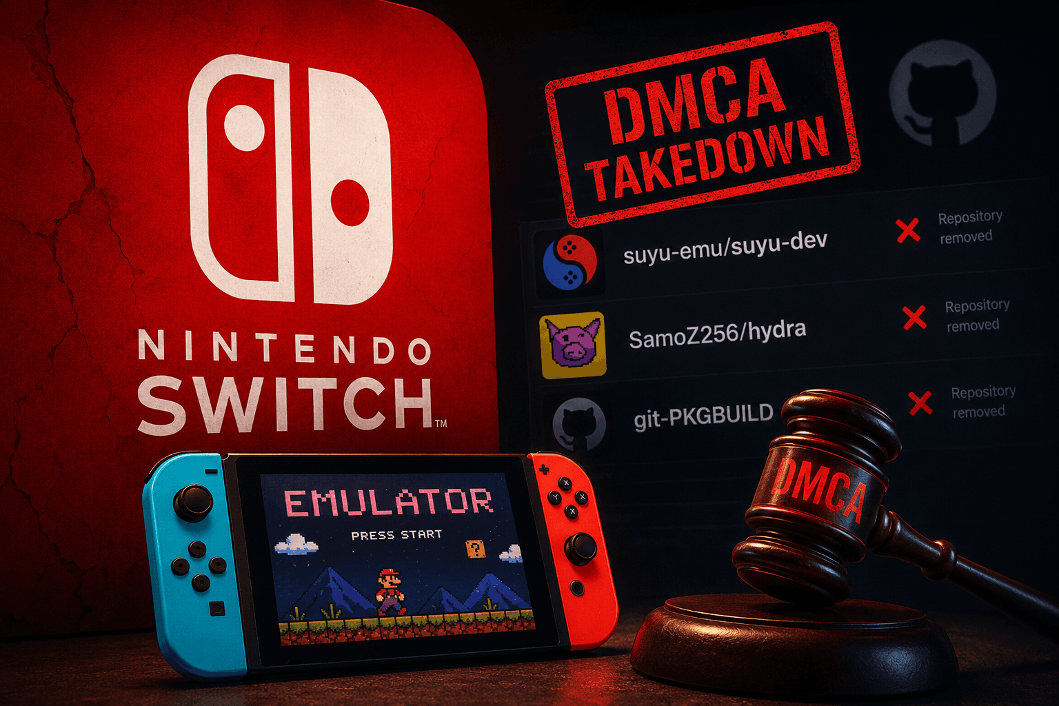 Illustration of a Nintendo Switch with EMULATOR on screen, a DMCA gavel, and GitHub repository-removed notices for Suyu and Hydra