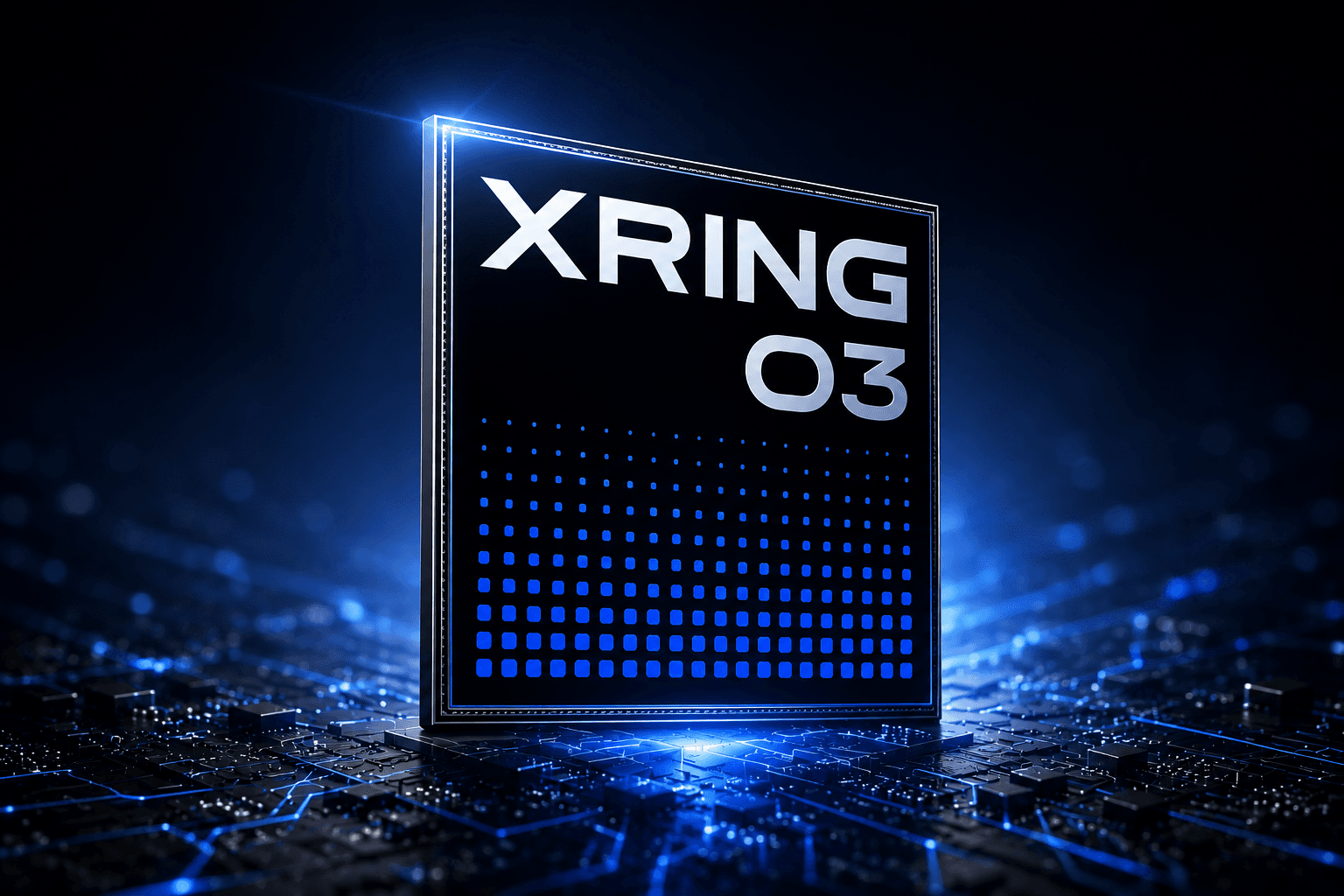 Stylized Xiaomi Xring O3 chip render with XRING 03 branding on a blue circuit board