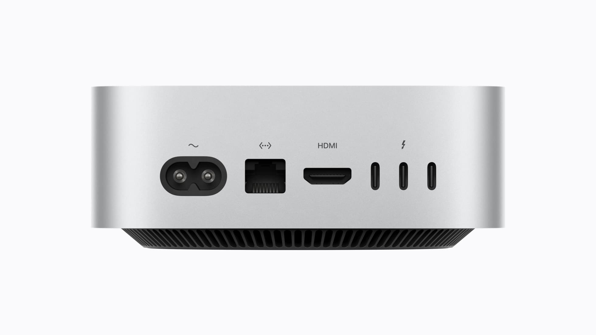 Rear of the new Mac mini showing Thunderbolt ports, HDMI, and Ethernet