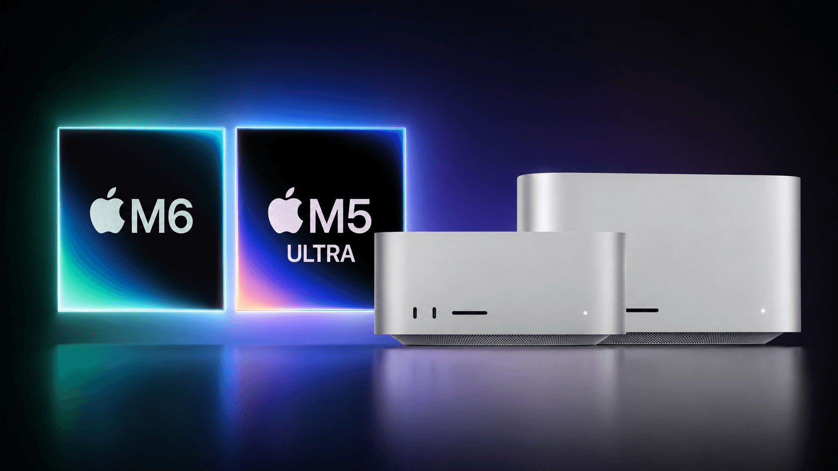 M6 and M5 Ultra chip logos beside a Mac mini and Mac Studio on a dark reflective floor