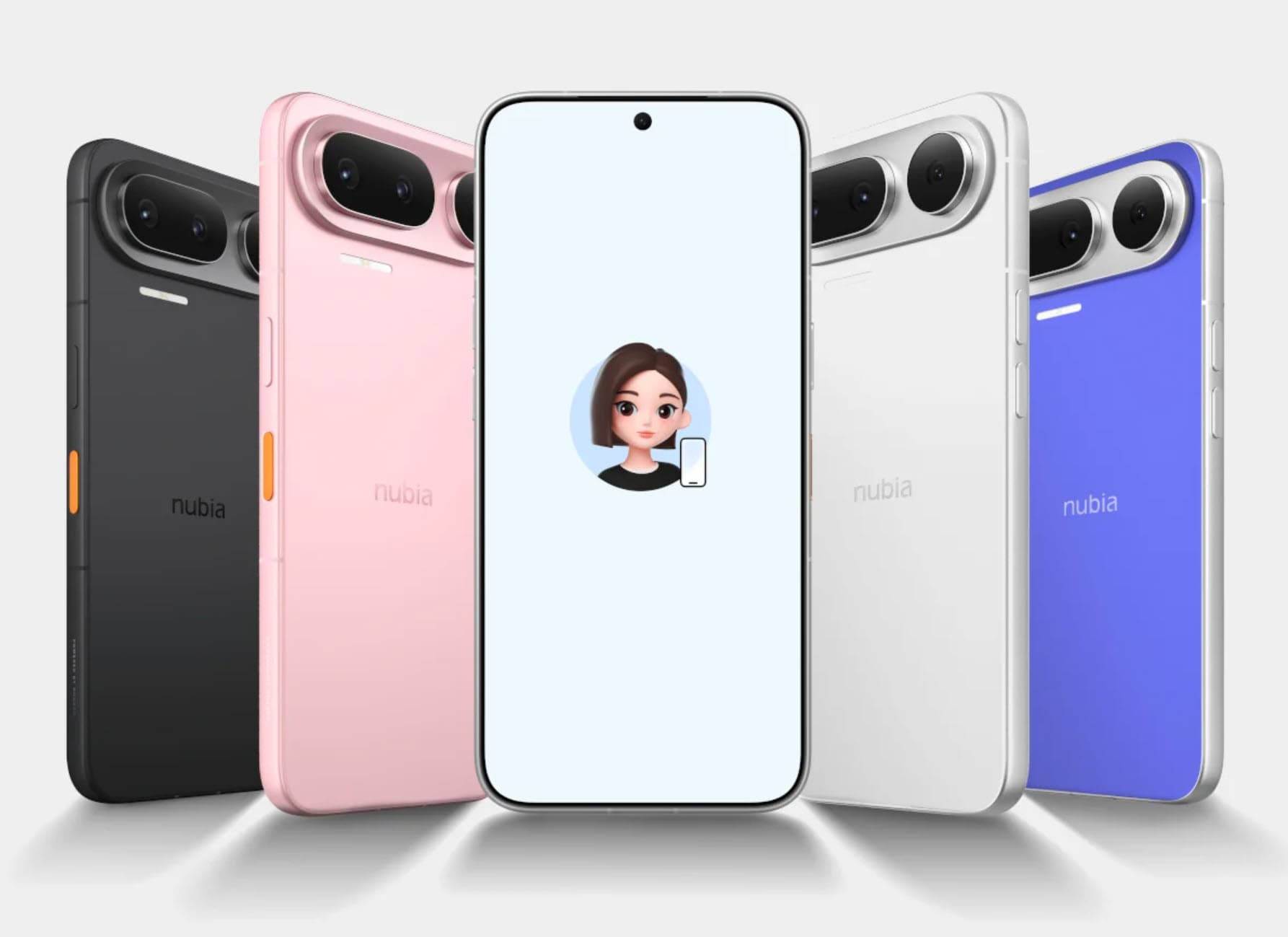 The nubia NaviX Ultra colour lineup — black, pink Dream, white, and blue — with the Doubao assistant avatar on the front screen