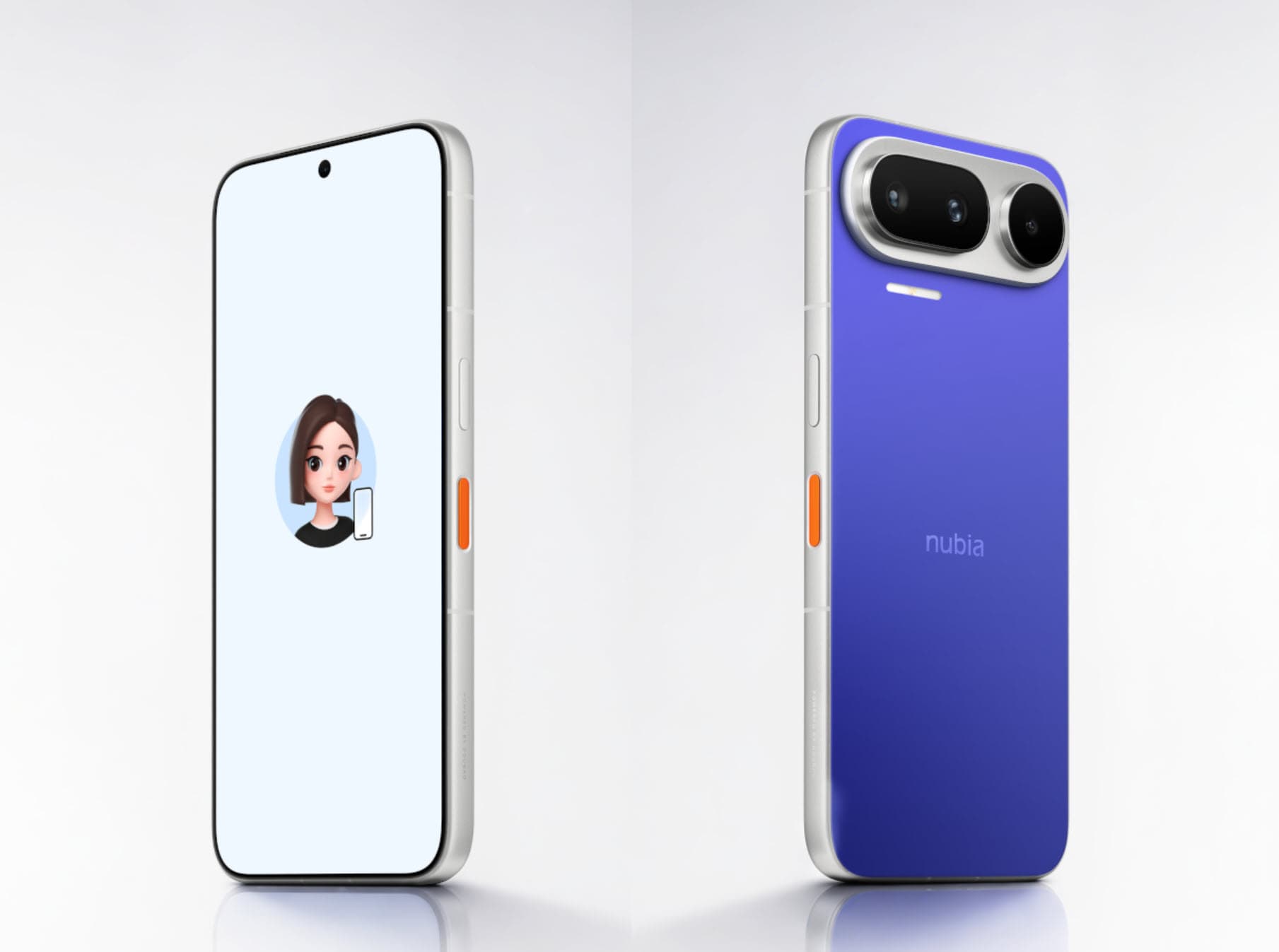 nubia NaviX Ultra from the front and back — Doubao assistant avatar on screen, orange AI key on the blue unit's side rail