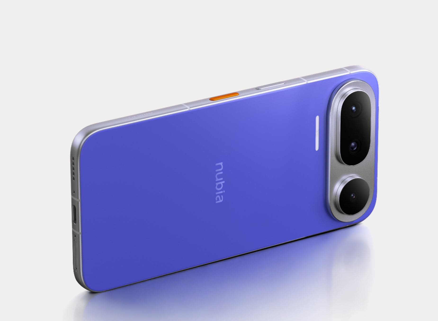 The blue nubia NaviX Ultra from the rear, with the dedicated orange AI key visible on the side rail
