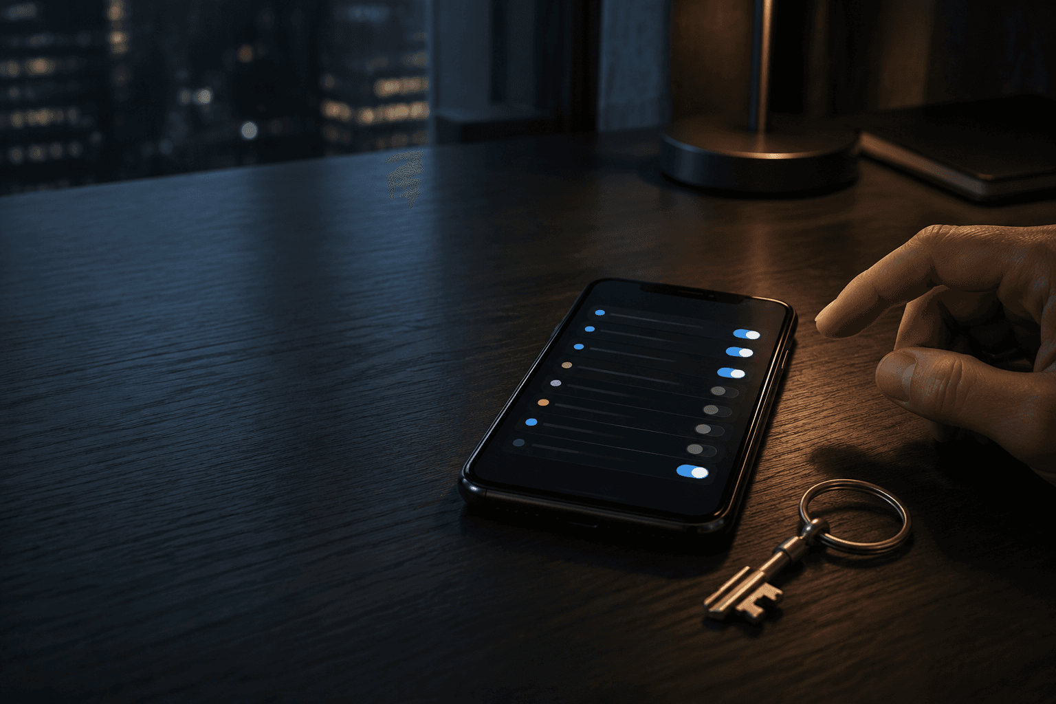 An unbranded smartphone displaying abstract permission toggles beside a physical key on a dark desk
