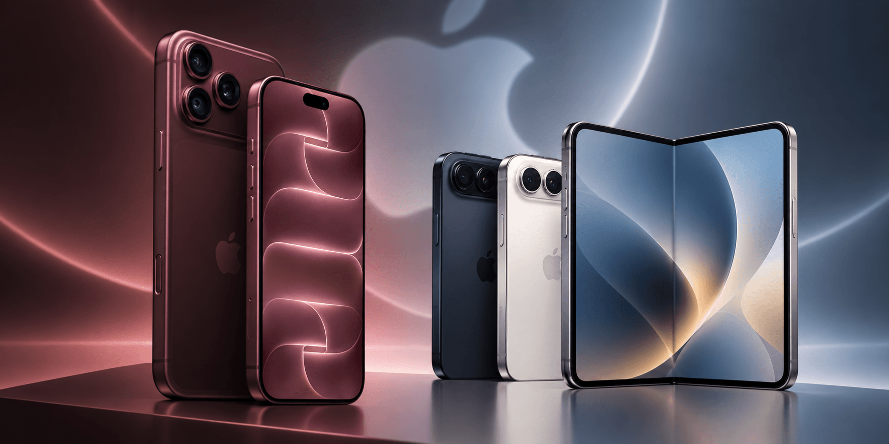 iPhone Duo and burgundy iPhone 18 Pro shown together in a dark editorial product image
