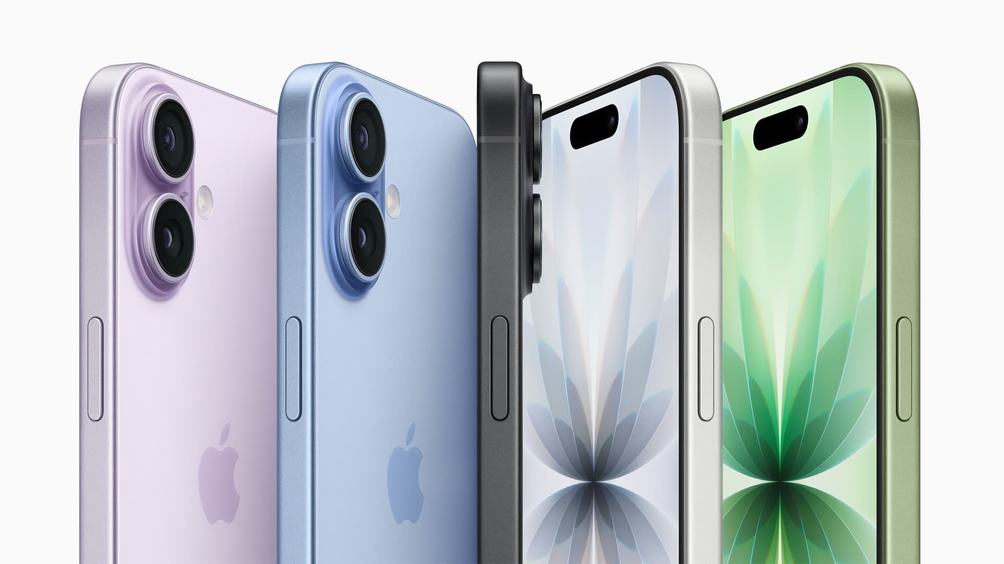 Apple iPhone 17 in lavender, mist blue, black, white and sage, standing upright side by side