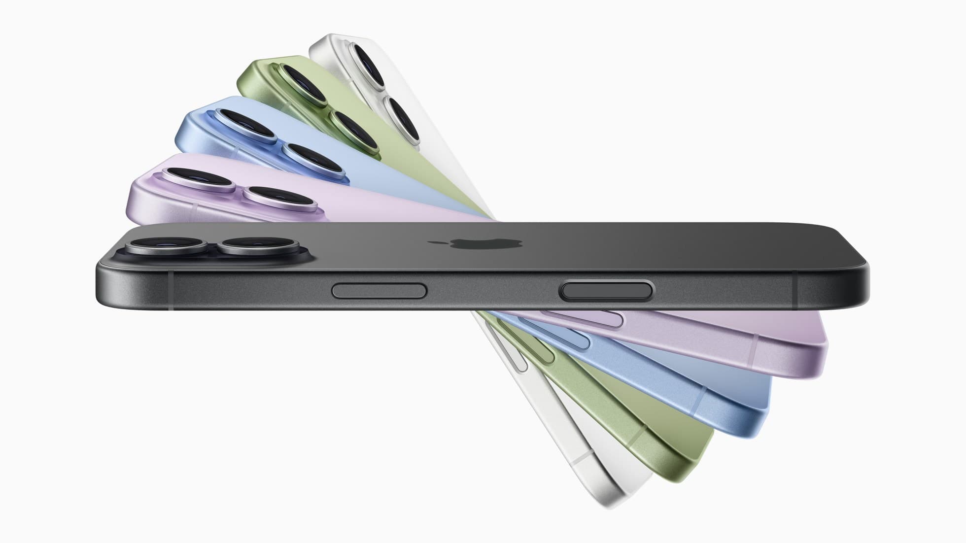iPhone 17 shown from the side in lavender, mist blue, sage, white and black
