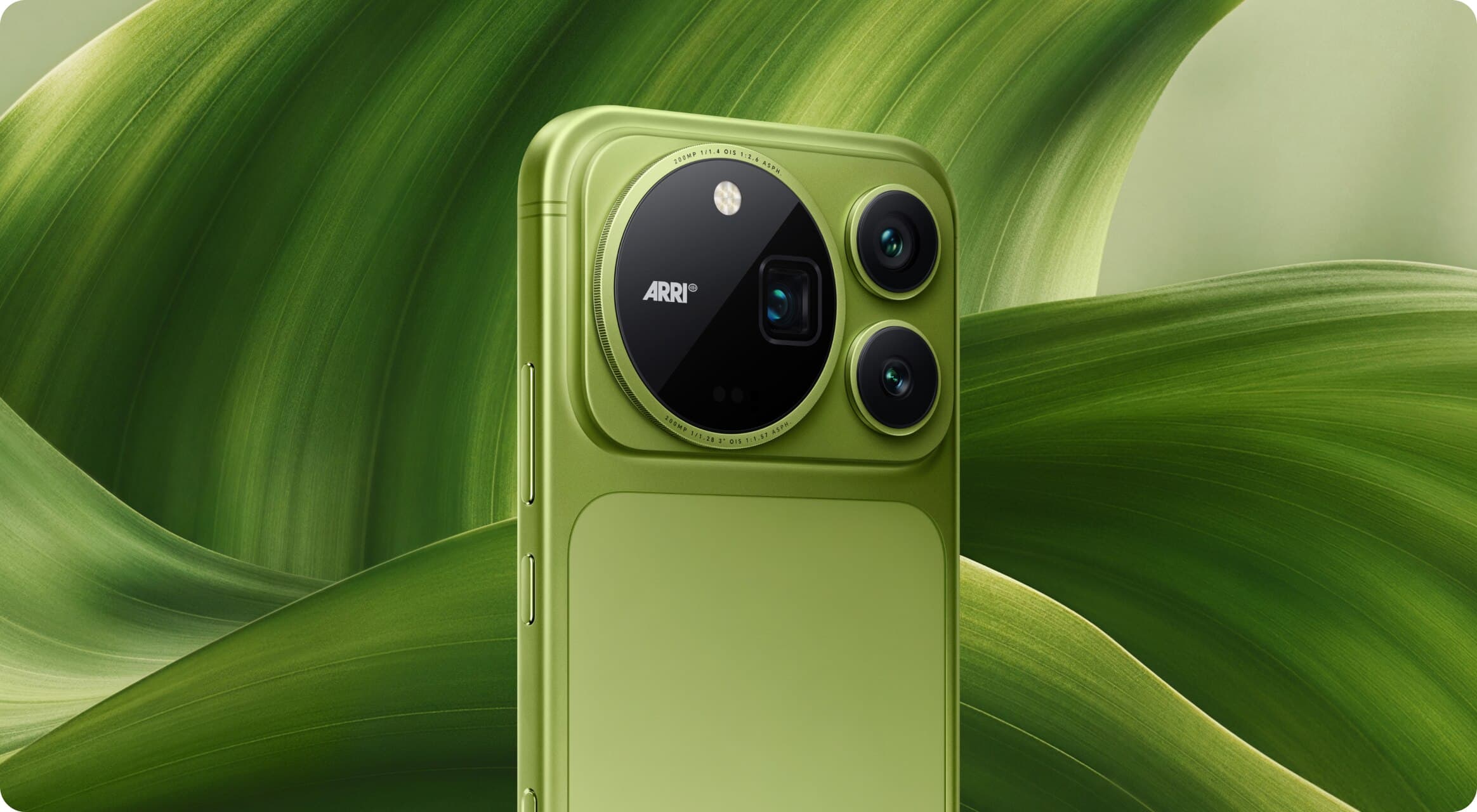 Honor Magic 9 Pro Max in Moss Green, rear three-quarter view with ARRI-branded circular camera island