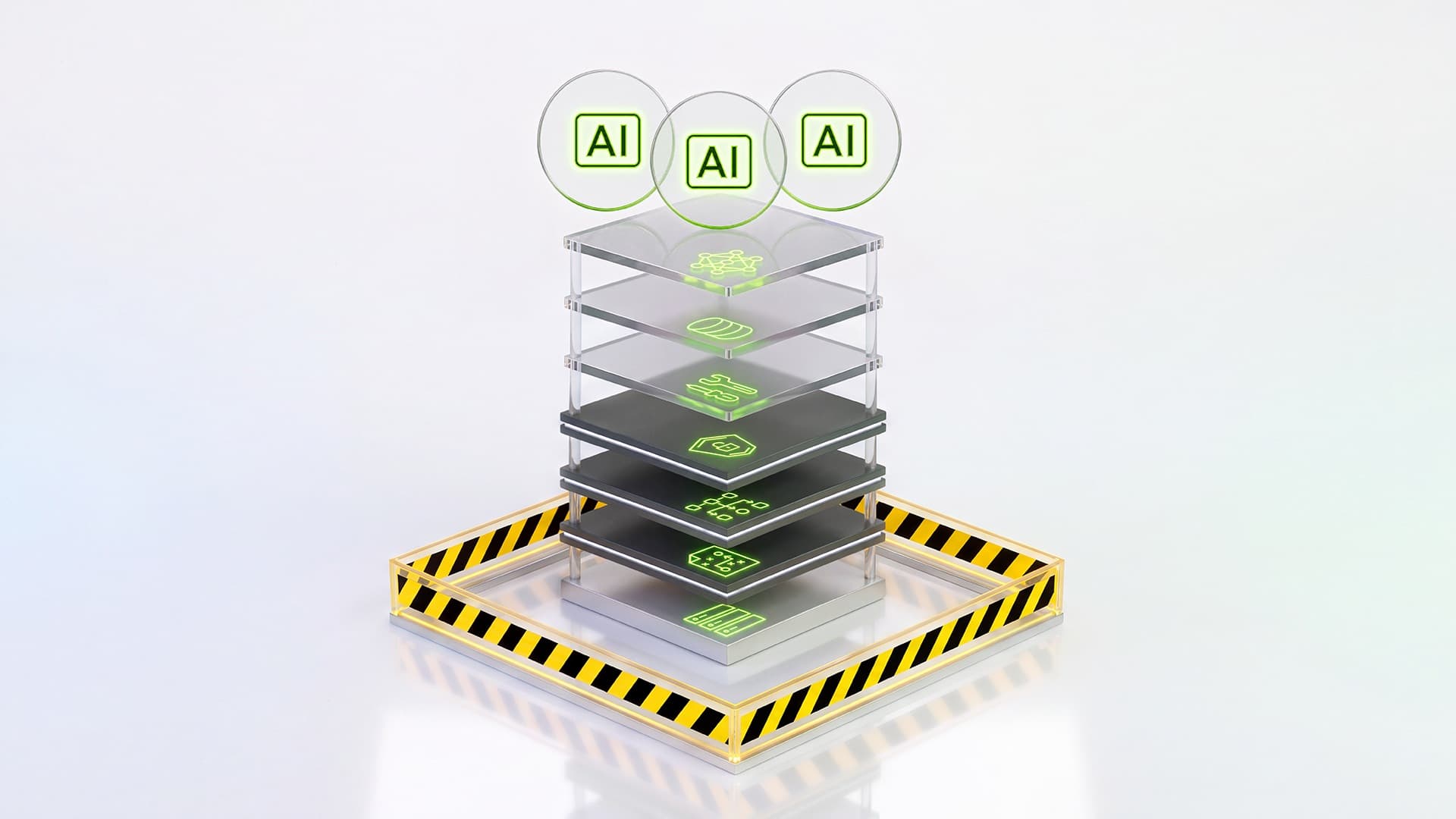 NVIDIA OpenShell key visual: three AI agent bubbles above a layered translucent tech stack inside a yellow-and-black hazard safety barrier