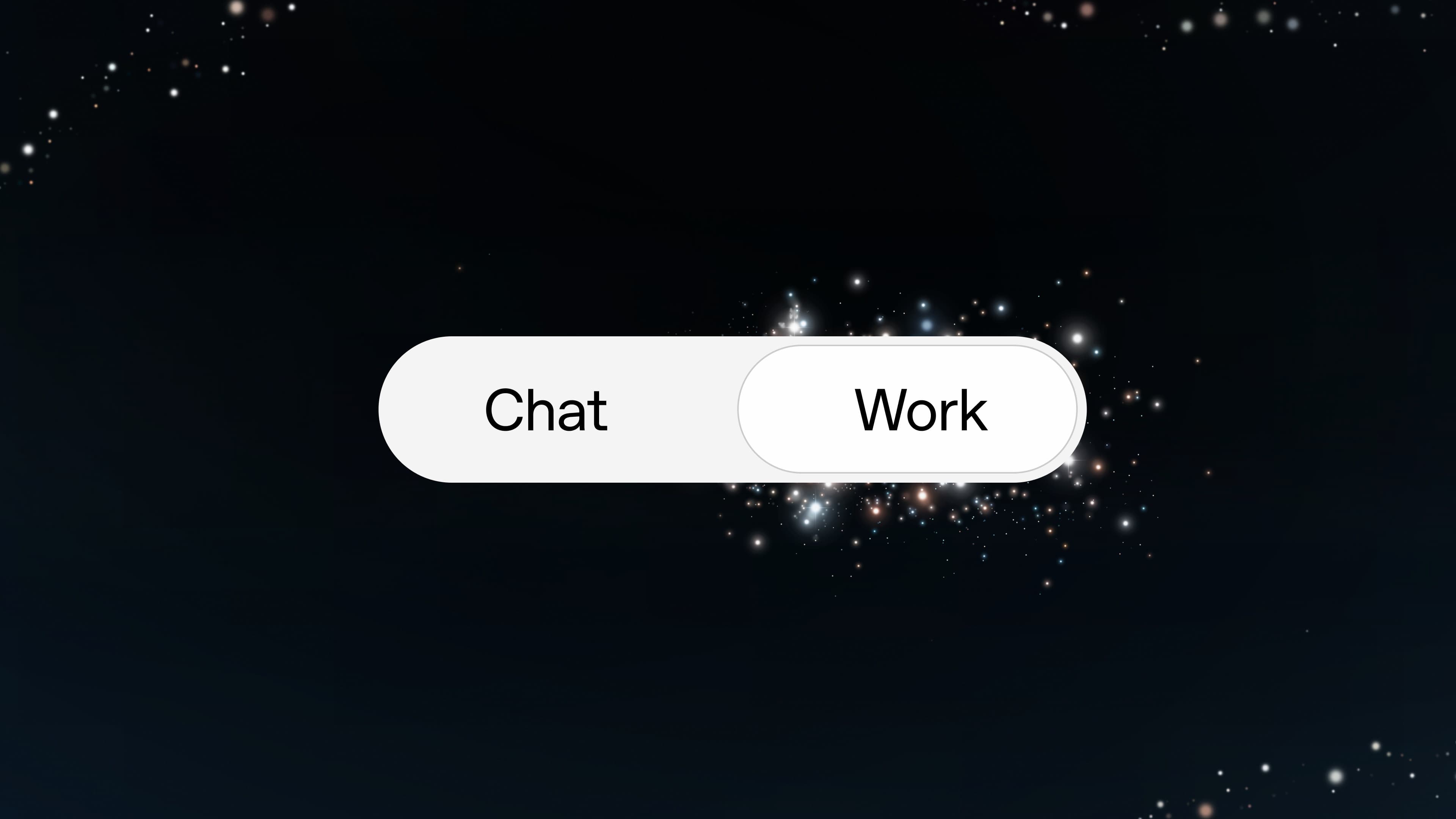 ChatGPT interface toggle showing Chat and Work modes, with Work selected, against OpenAI's dark starfield product art