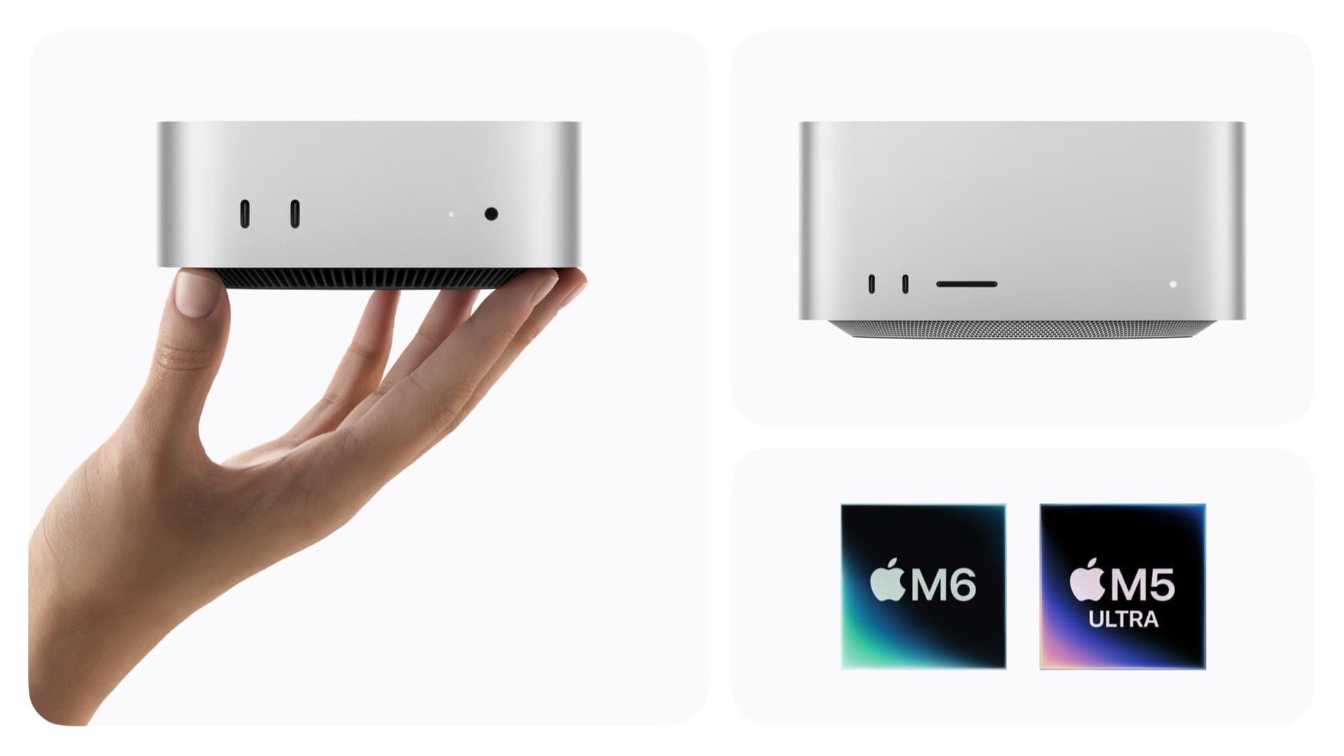 A hand holding a Mac mini beside a Mac Studio and the M6 and M5 Ultra chip badges