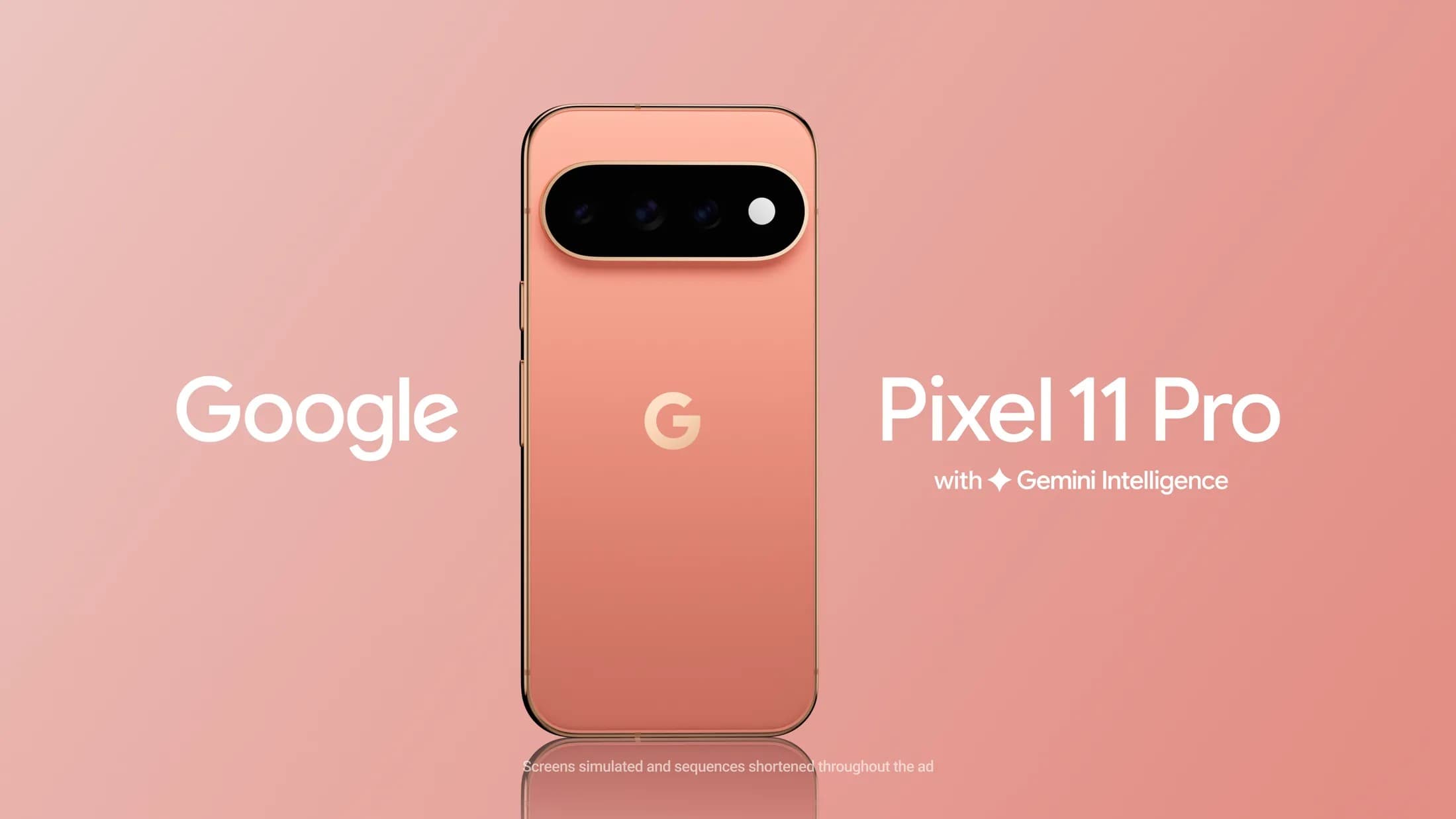 Google Pixel 11 Pro in pink seen from the back beside the words Google and Pixel 11 Pro with Gemini Intelligence