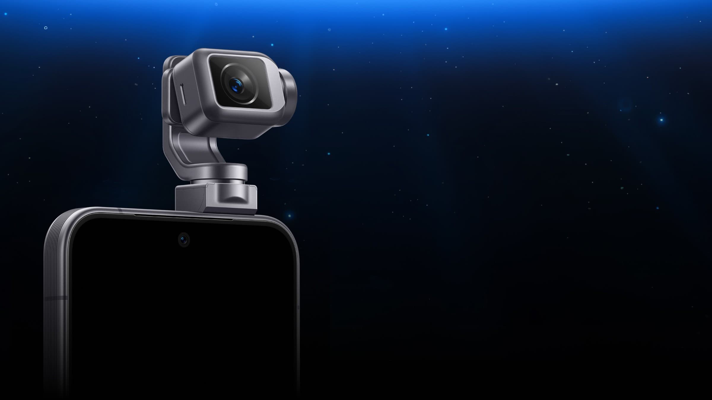 Honor Robot Phone with its motorised gimbal camera arm mounted on the top edge, against a dark starry background