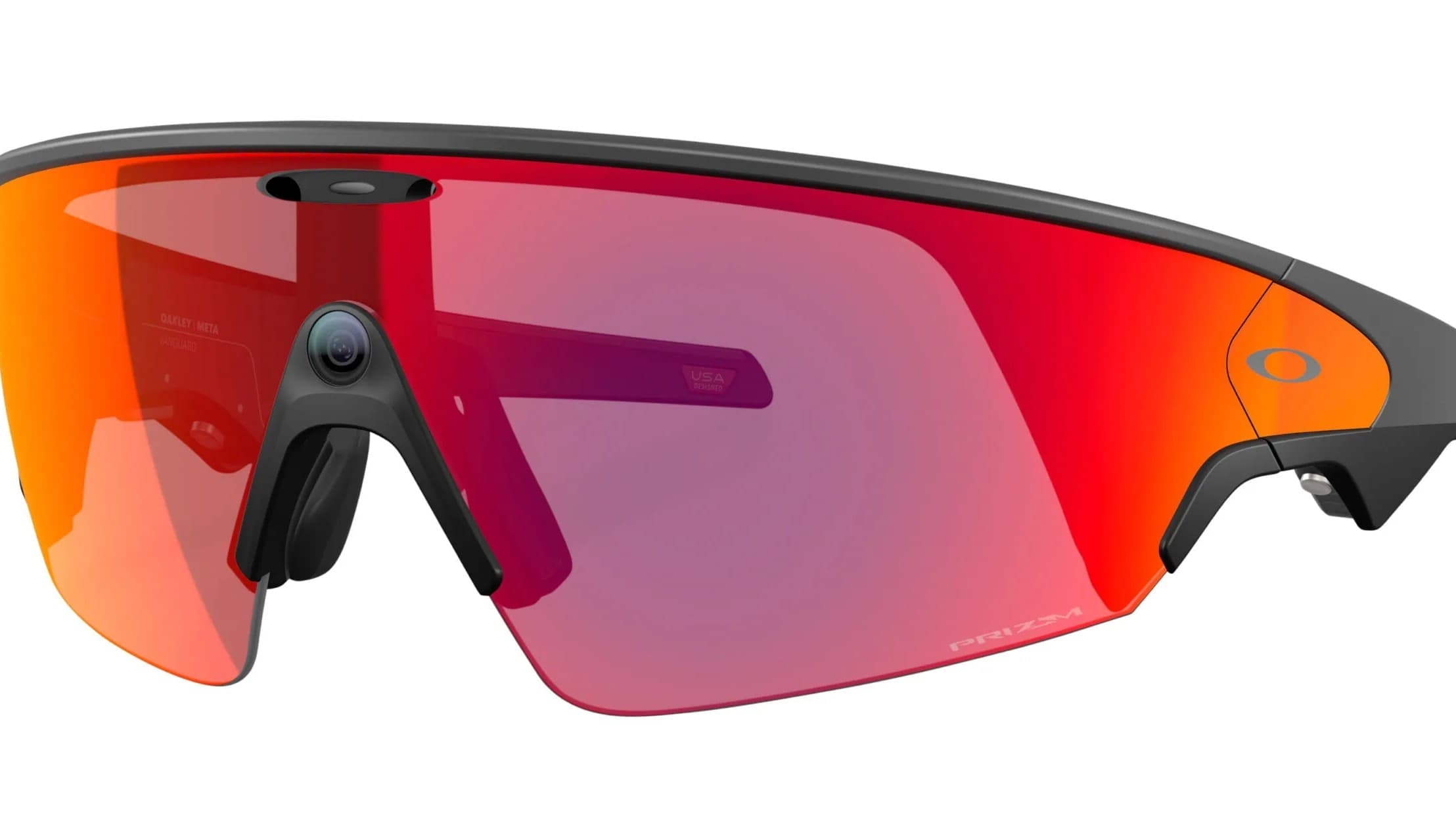Oakley Meta Vanguard sport smart glasses with a wraparound red-orange Prizm lens and a centre camera