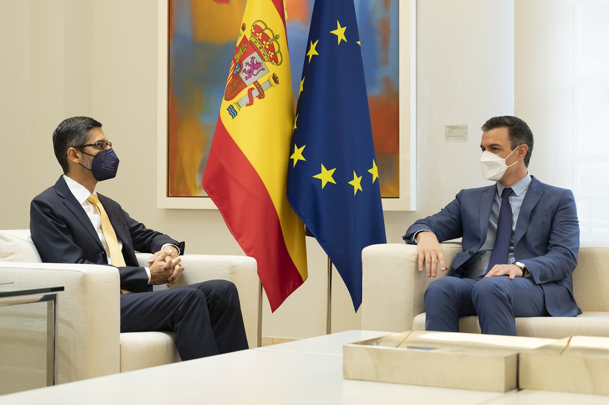 Sundar Pichai seated in a formal meeting at Spain's Moncloa Palace in March 2022