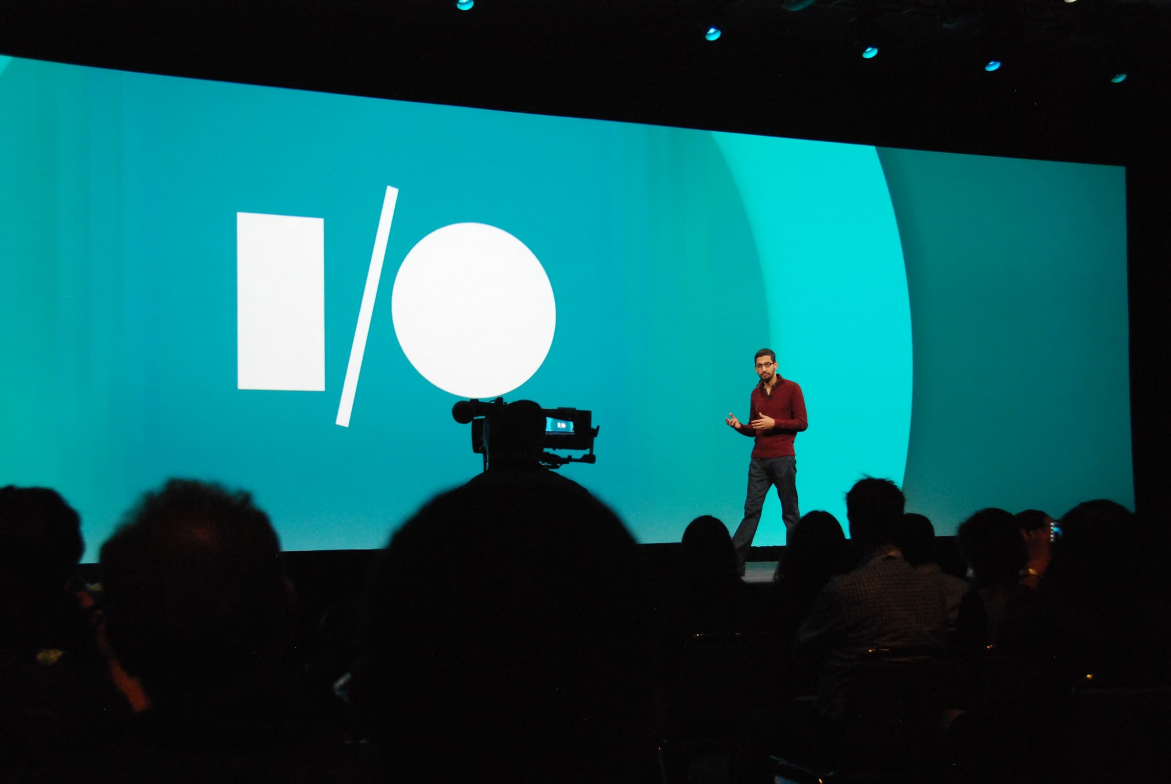 Sundar Pichai speaking on stage at Google's 2014 I/O conference