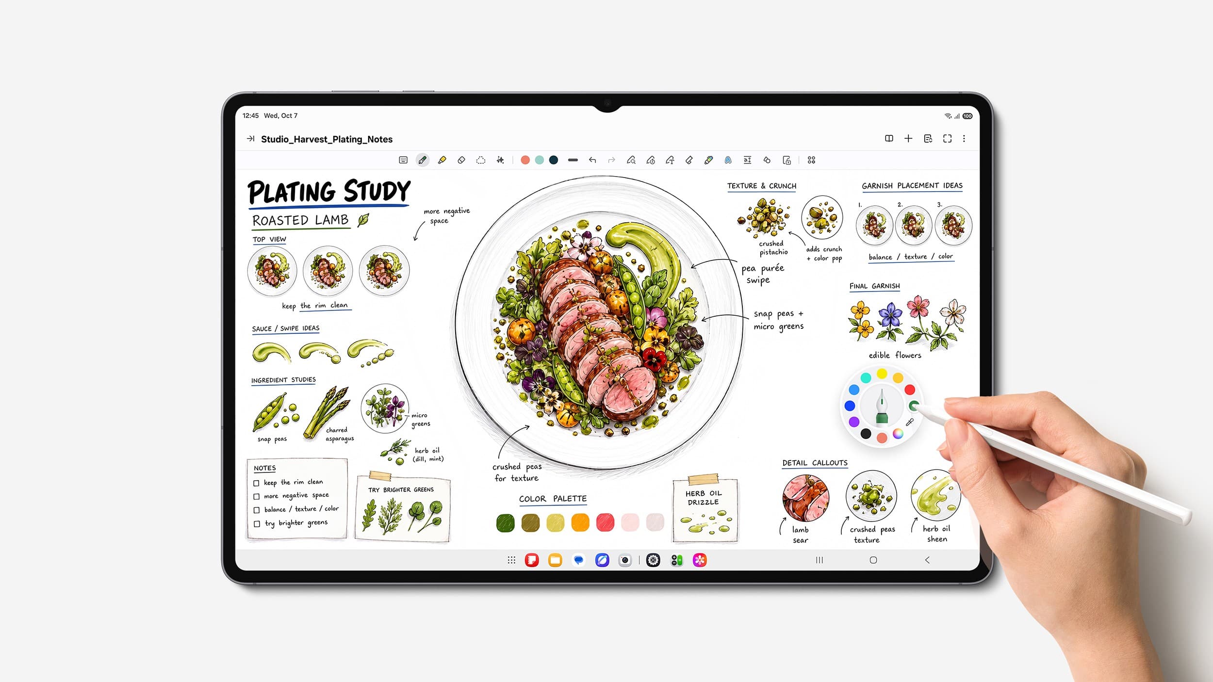 Galaxy Tab S12 Ultra showing a Samsung Notes plating study for roasted lamb while a hand selects a color with the S Pen