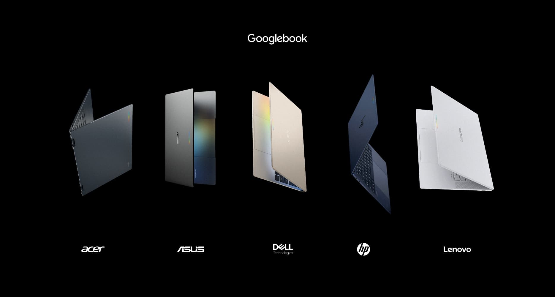 Official Google key visual of five Googlebook laptops from Acer, ASUS, Dell, HP, and Lenovo lined up on a black background with partner logos underneath