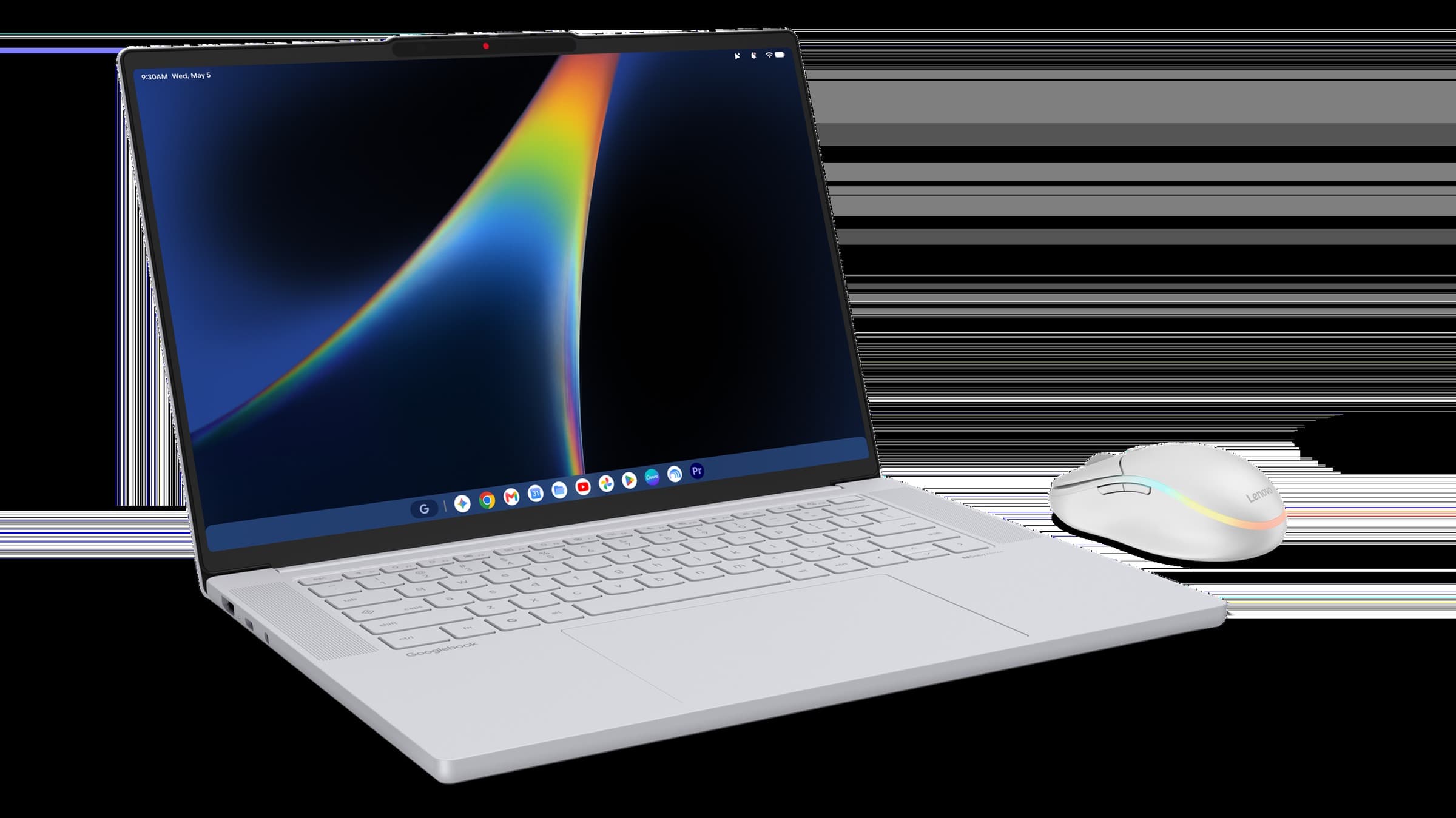 Silver-white Lenovo Googlebook 15 open on a black background beside a matching Lenovo wireless mouse, with Googlebook printed on the palm rest