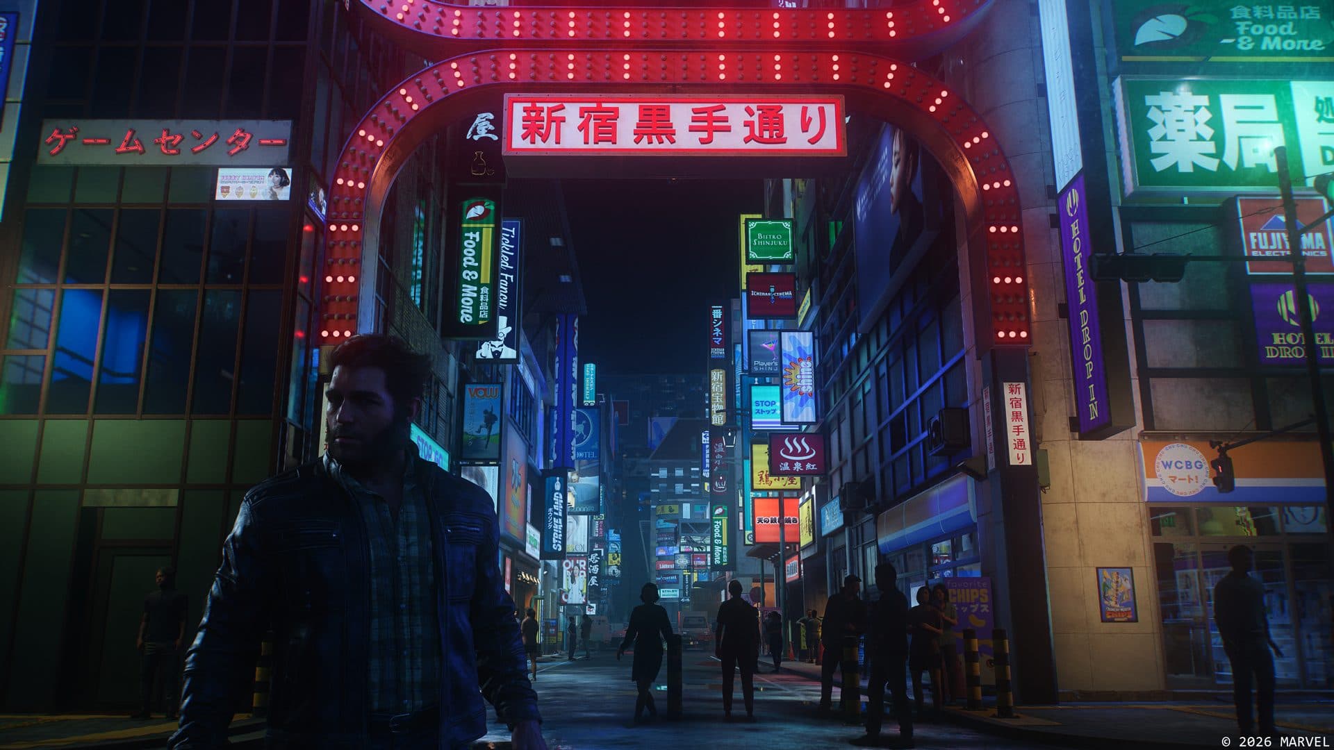 Official Marvel's Wolverine screenshot of Logan on a neon-lit Shinjuku-style night street under a red illuminated archway