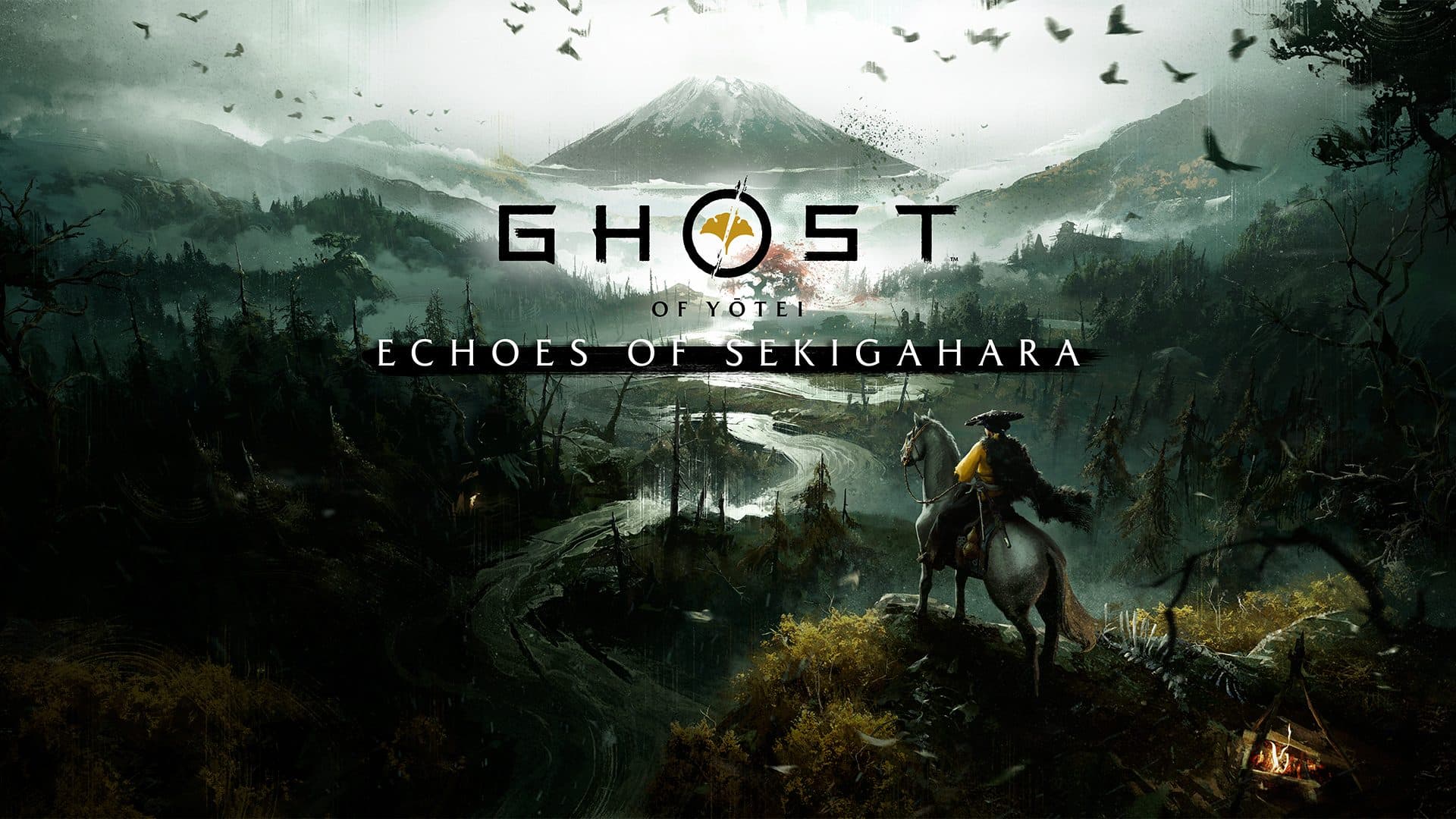 Official Ghost of Yōtei Echoes of Sekigahara key art showing a rider in a yellow coat on horseback overlooking a misty valley and snow-capped mountain