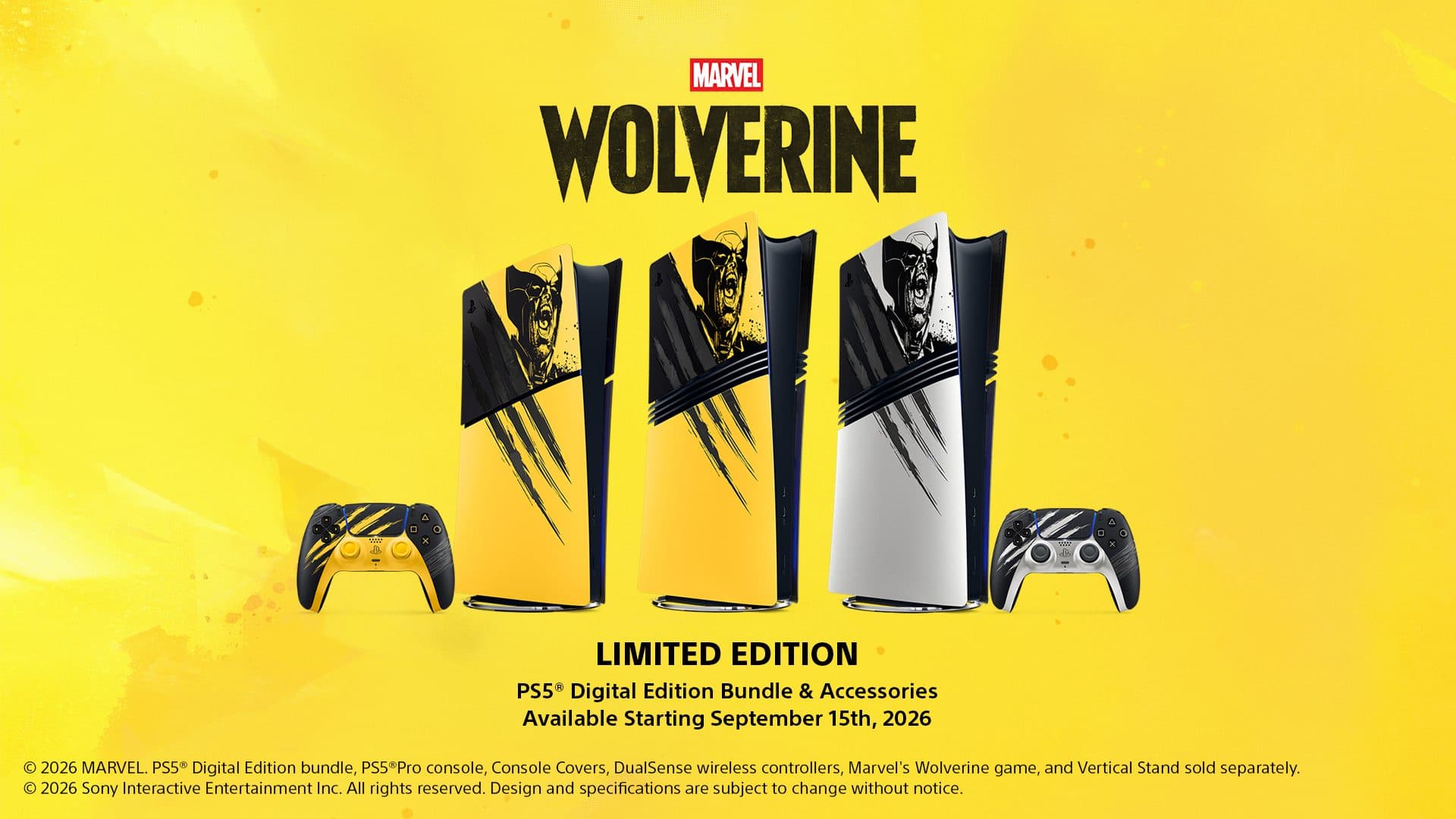 Official PlayStation press graphic of the Marvel's Wolverine Battle Yellow Limited Edition PS5 Digital Edition consoles and DualSense controllers on a yellow background