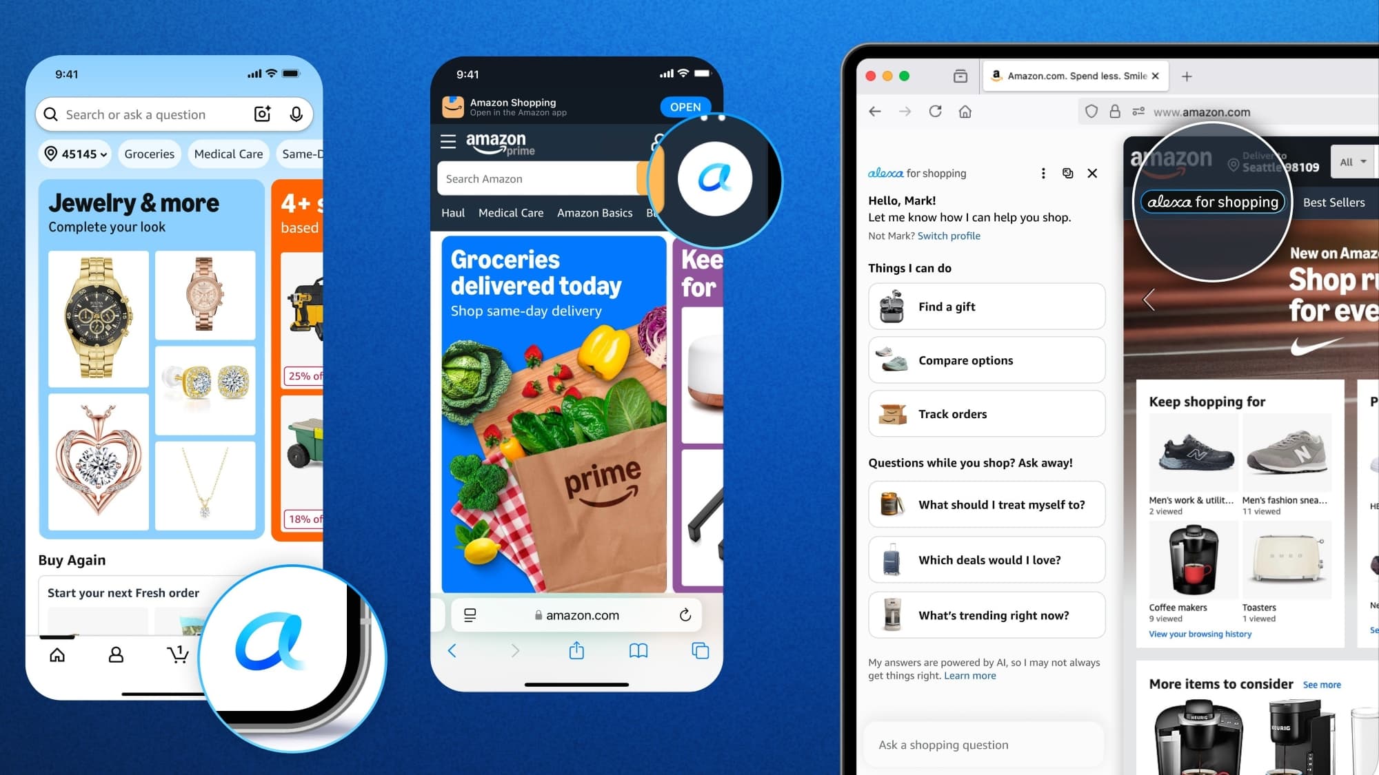 Official Amazon image of the Amazon shopping app on two phones and amazon.com in a desktop browser, with the Alexa for Shopping assistant panel open on the desktop showing options like Find a gift, Compare options and Track orders