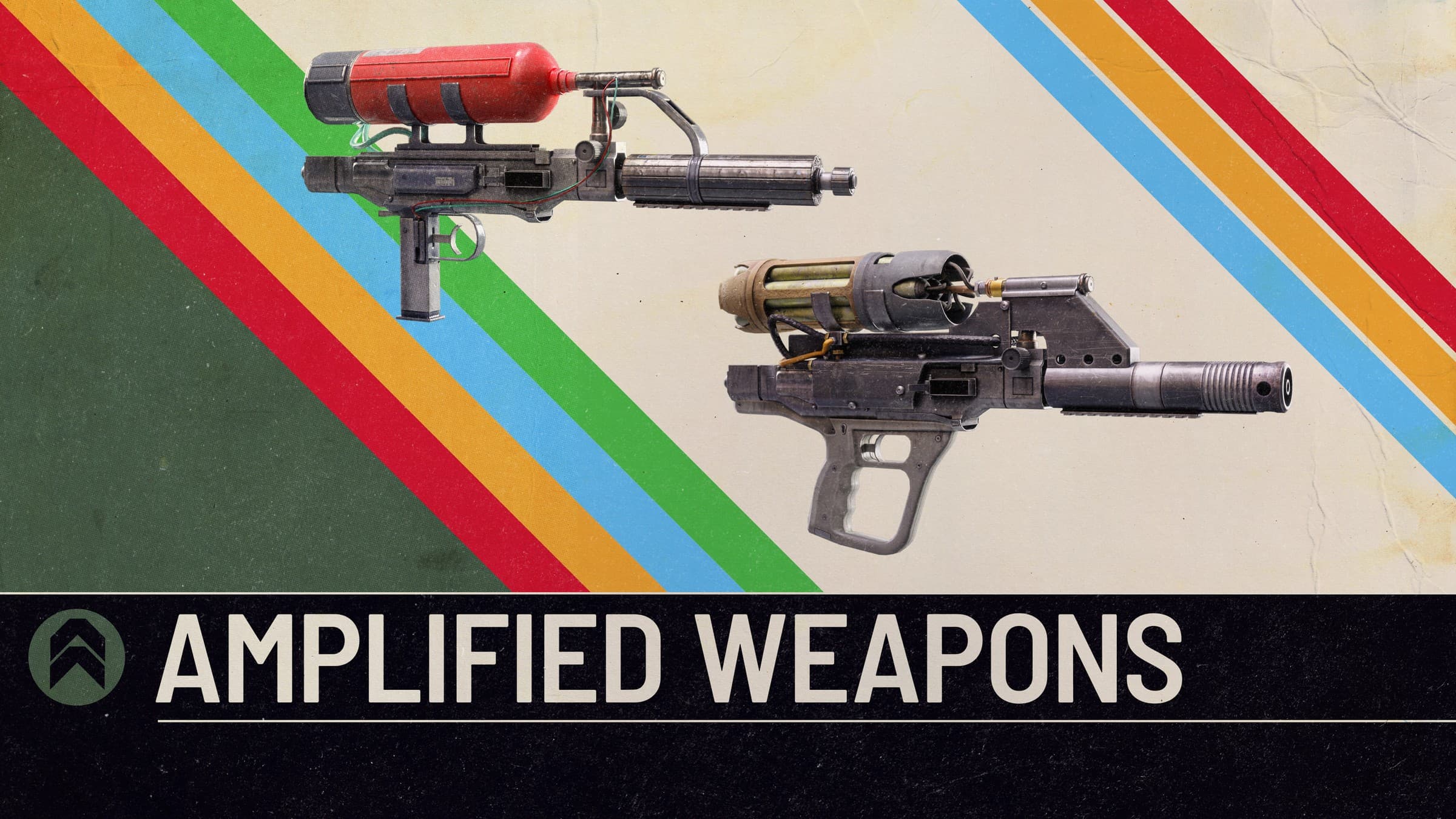 Official ARC Raiders reveal art of two upgraded guns, a red-tanked rifle and a brass-coloured heavy weapon, on a cream background with rainbow diagonal stripes and a caption bar reading Amplified Weapons