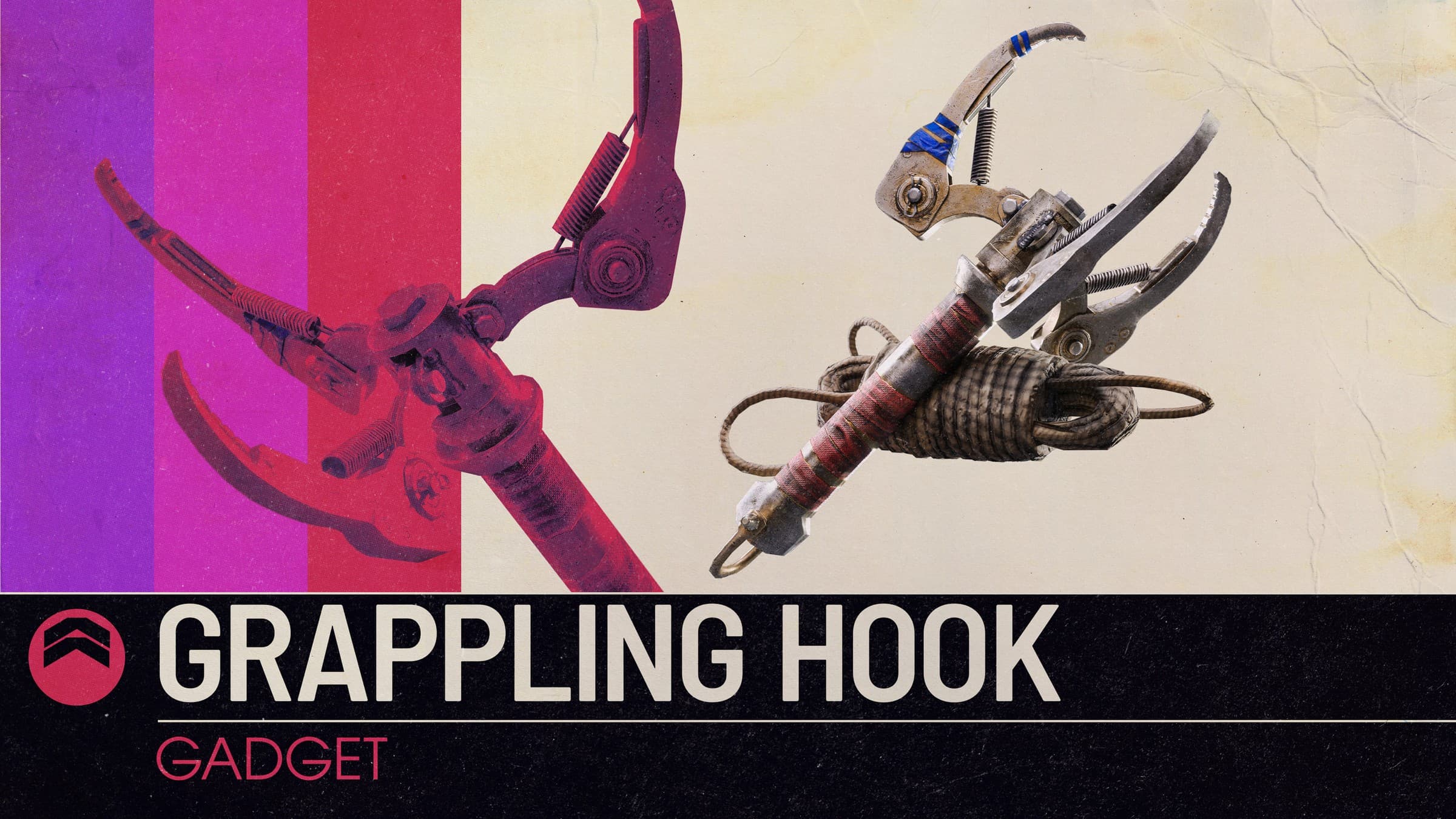 Official ARC Raiders reveal art of two grappling hook gadgets with metal claws and coiled cable on a cream and pink striped background with a caption bar reading Grappling Hook, Gadget