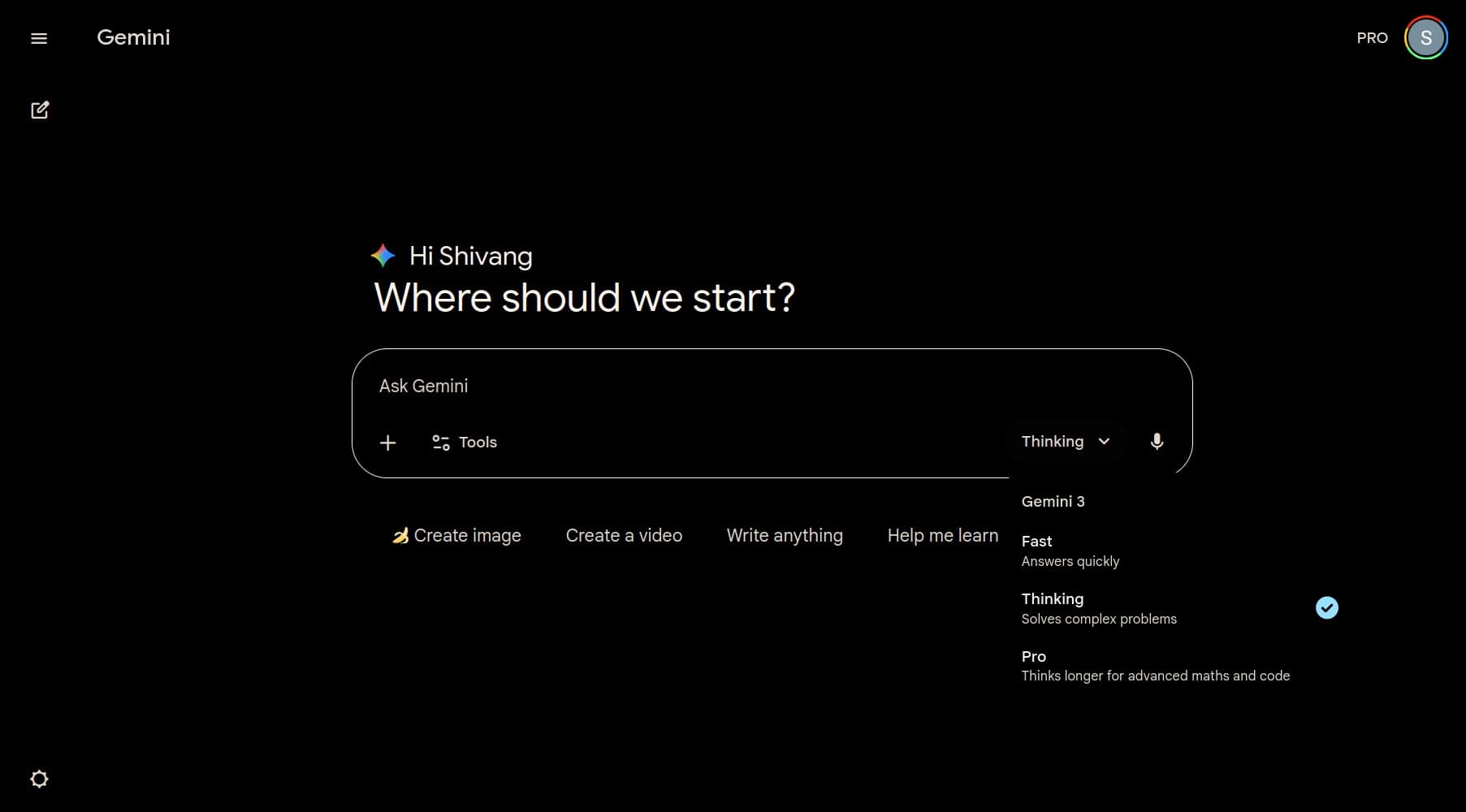 The Gemini web app in dark mode with the model menu open under the Ask Gemini box, listing Fast, Answers quickly; Thinking, Solves complex problems, ticked; and Pro, Thinks longer for advanced maths and code