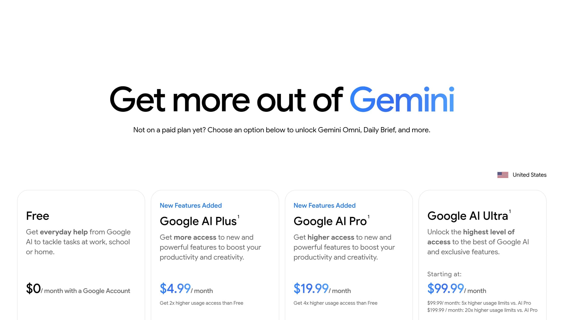 Google's US Gemini plans page headed Get more out of Gemini, showing four plan cards: Free at $0 a month, Google AI Plus at $4.99, Google AI Pro at $19.99 and Google AI Ultra starting at $99.99 a month