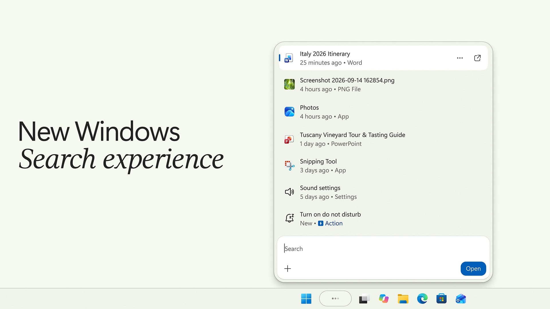 The new Windows Search panel above the Windows 11 taskbar listing recent files and apps, with a Turn on do not disturb entry tagged New Action, next to the words New Windows Search experience
