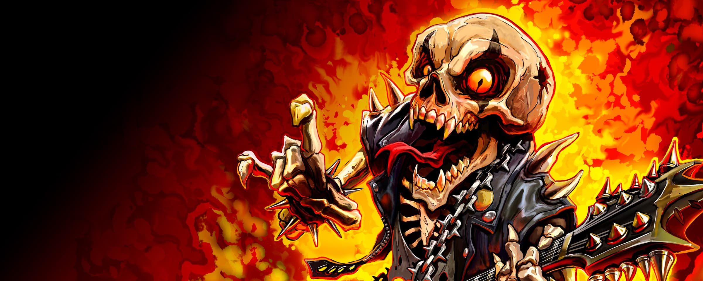 Official artwork for The Chamber 106.6 radio station in GTA 6: a snarling cartoon skeleton in a spiked leather jacket throwing devil horns against a background of orange and red flames