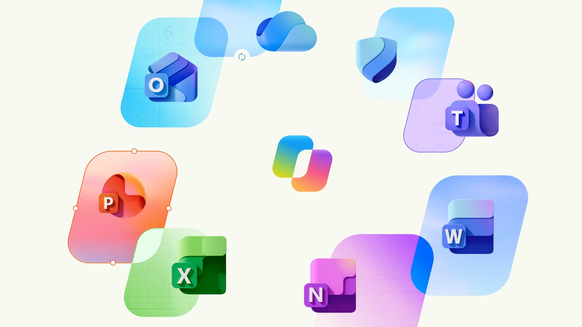 Official Microsoft 365 app icons floating on a light background: the blue OneDrive cloud at the top, the multicoloured Copilot logo in the centre, and the Outlook, Teams, Defender, PowerPoint, Excel, OneNote and Word icons around it